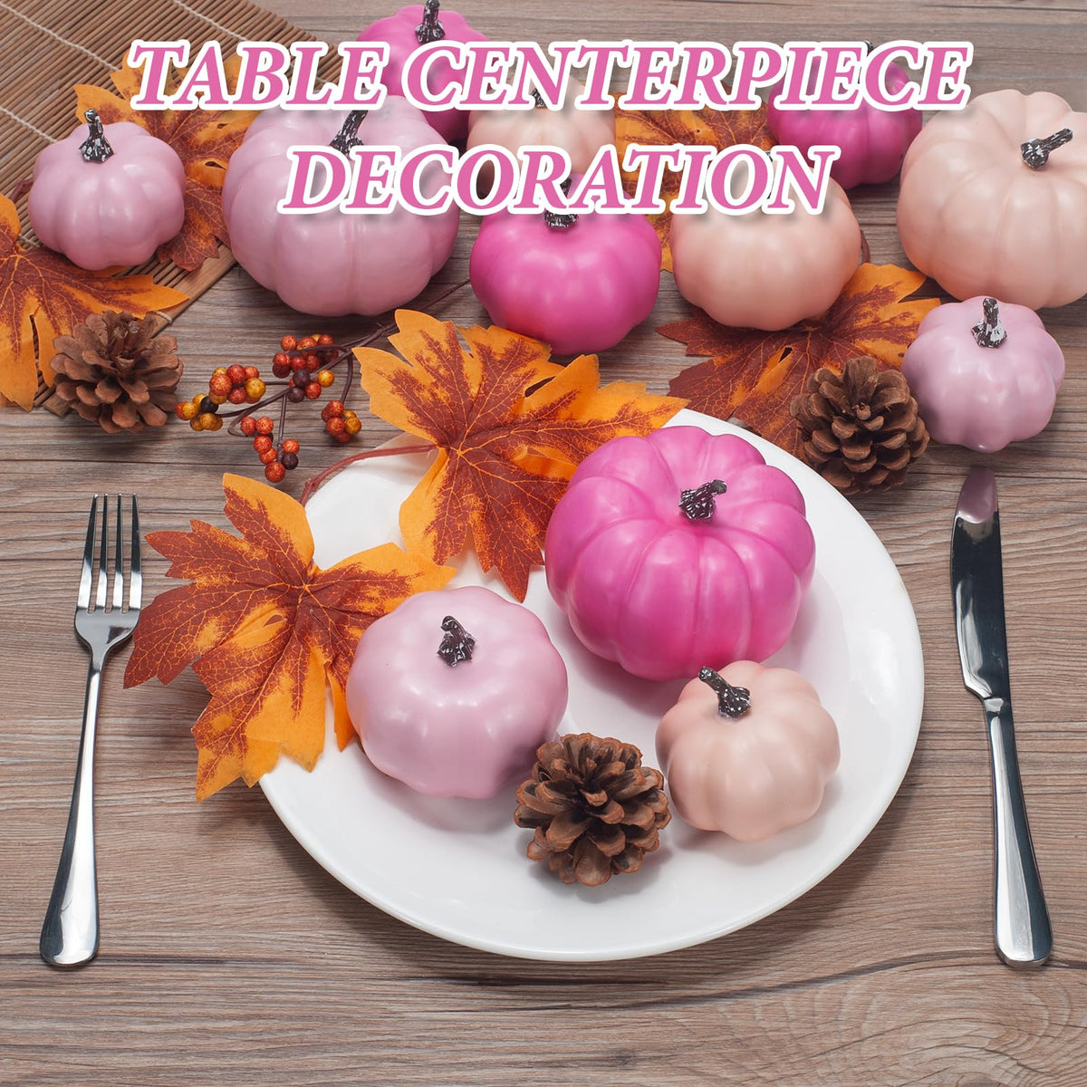 GHGMAO Pumpkin Decor Set, 22 PCS Fall Harvest Decorations - Pink Artificial Pumpkins for Thanksgiving Farmhouse Fall Wedding Home Table Centerpiece Decor