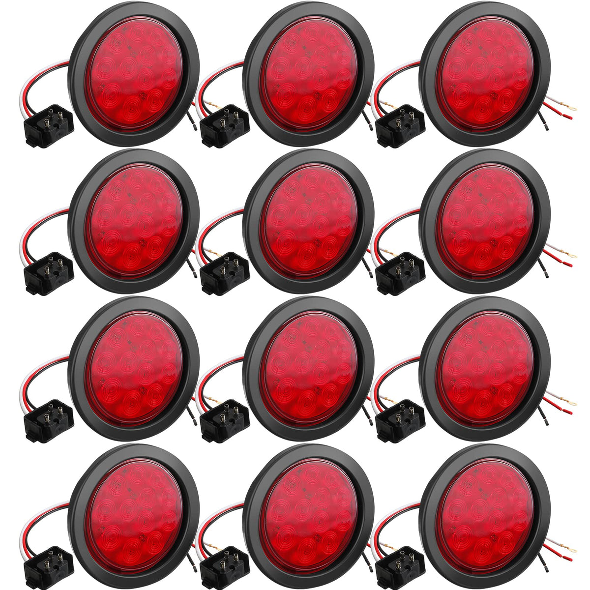 BBTO 12 Pcs 4 Inch Round LED Trailer Tail Lights, Waterproof Brake Stop Turn Marker Lights, Plastic, Red
