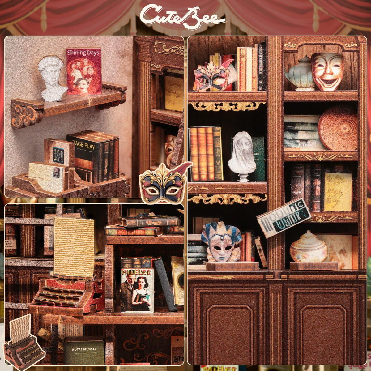 CUTEBEE Book Nook Kit - DIY Miniature House Dollhouse Kit for Adults and Teens, Booknook Tiny House Bookshelf Decor 3D Wooden Puzzle, Gifts for Family Friends (Drama Bookshop)