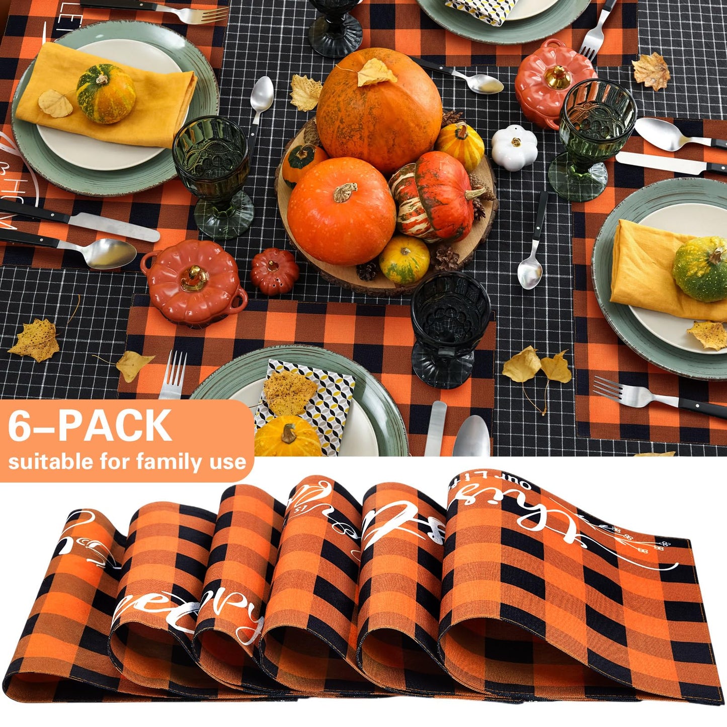 Hahafelt 6 Pack Halloween Placemats 12"x18" 6 Styles Rustic Table Mats with Sayings Washable Halloween Party Table Decorations Fall Thanksgiving Autumn Harvest Kitchen Decor(Orange, Black,Plaid)