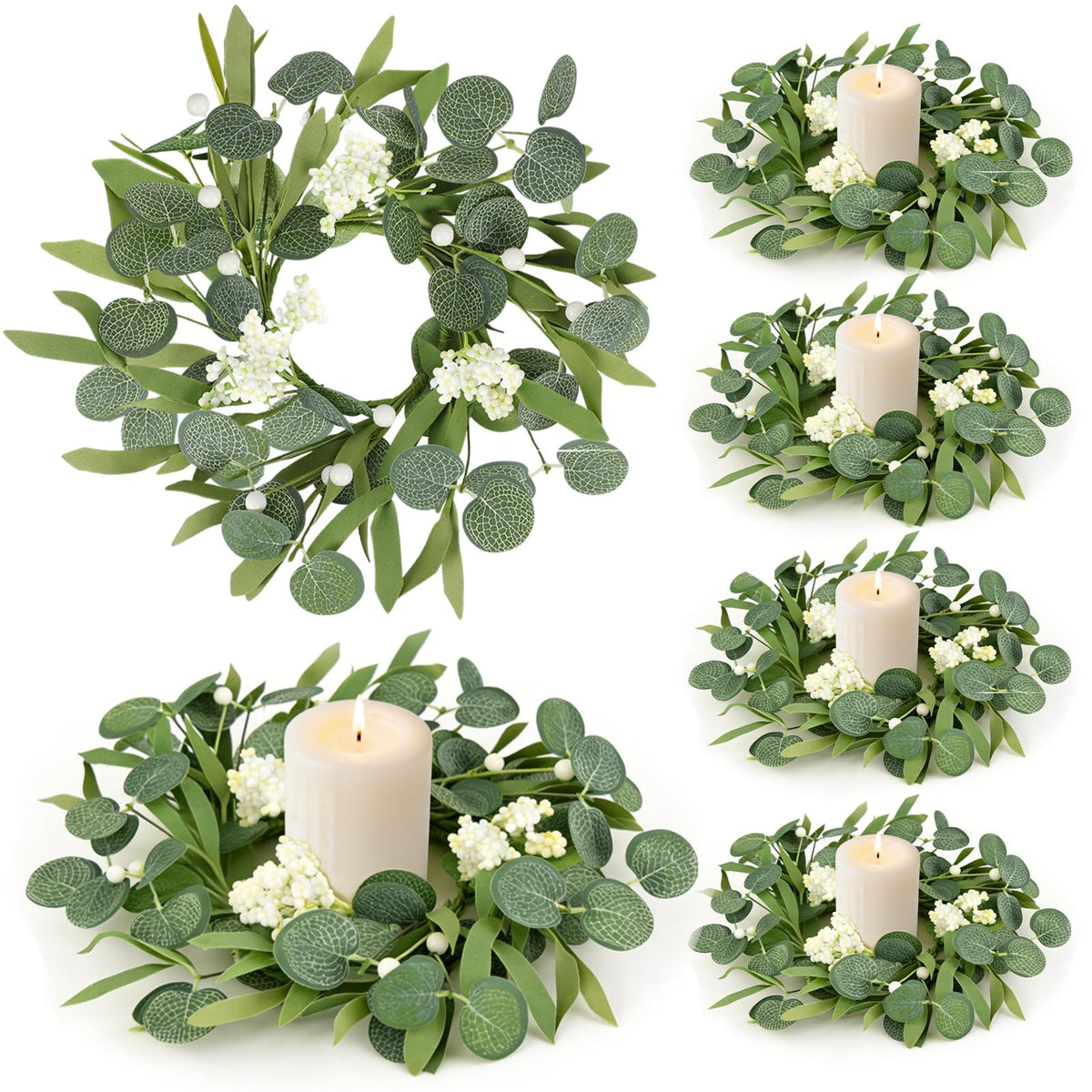 6 Pcs Green Artificial Eucalyptus Candle Rings Wreaths Mini Green Summer Kitchen Cabinet Wreath Table Centerpieces with White Berry for Pillars Farmhouse Porch Front Door Wedding Decor