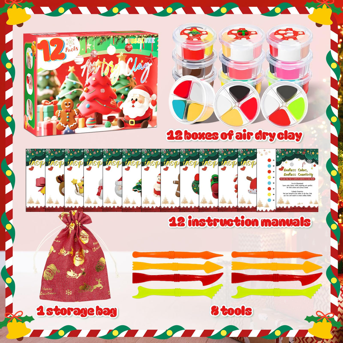 MuseLuxe Air Dry Clay - 12 Boxes Christmas Modeling Clay Kit with 8 Sculpting Tools,Safe & Non-Toxic,DIY Magic Gifts Toys for Boys,Girls,Kids