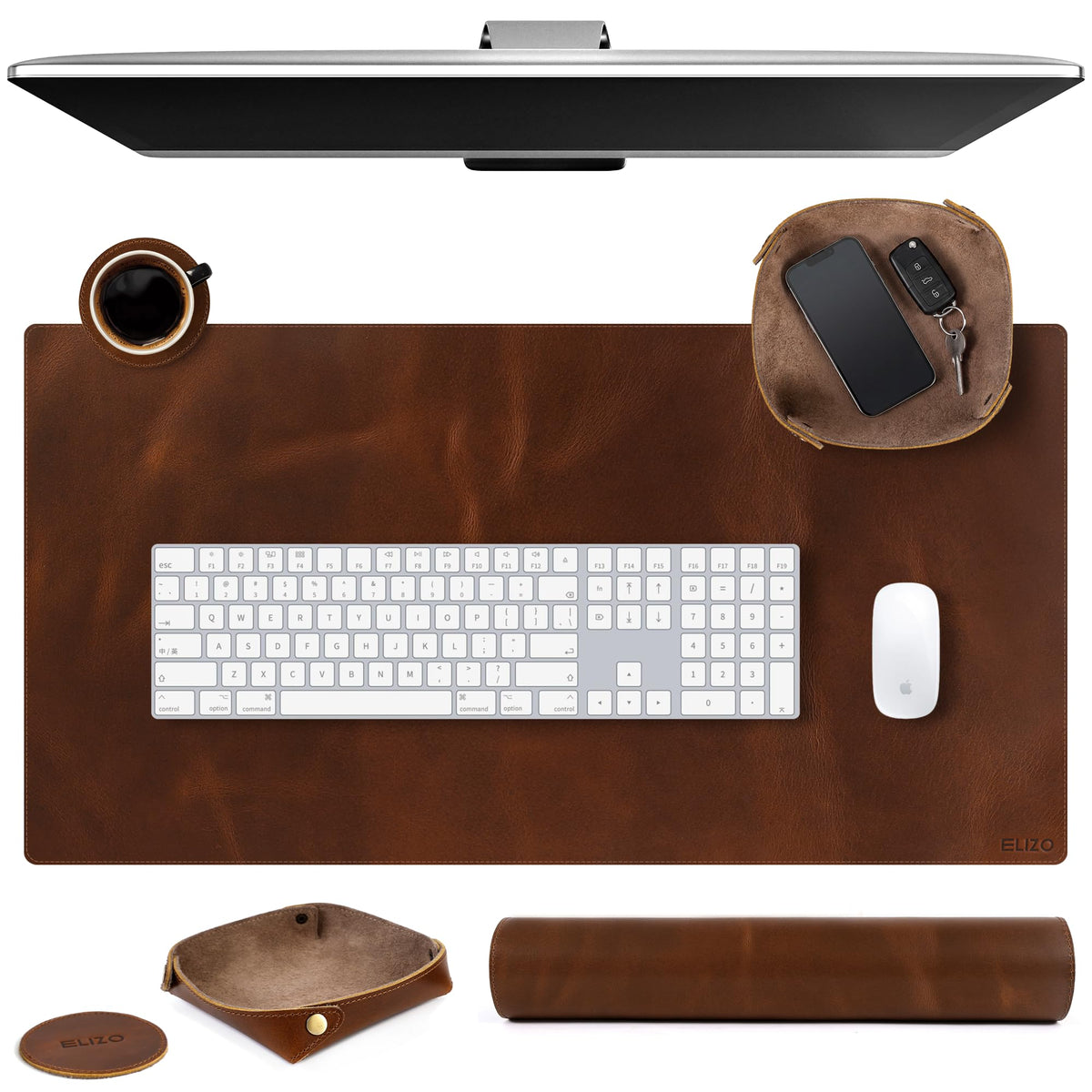 ELIZO Leather Desk Pad Real Leather Desk Mat Thick (3mm) Double Layer (32x16) Cover Blotter Desk Protector Large Computer Mat for Keyboard Mouse Pad Table Laptop Mat Office Accessories - Antique