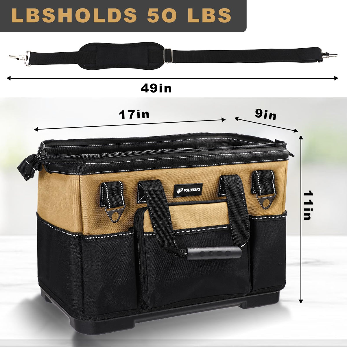 VSHXENG 17 IN Large Tool Bag For Men Heavy Duty, Drill Bag Tool Bag Organizer, Wide Mouth Waterproof Hard Bottom Multiple Pockets Tool Tote, Tool Caddy, Maintenance