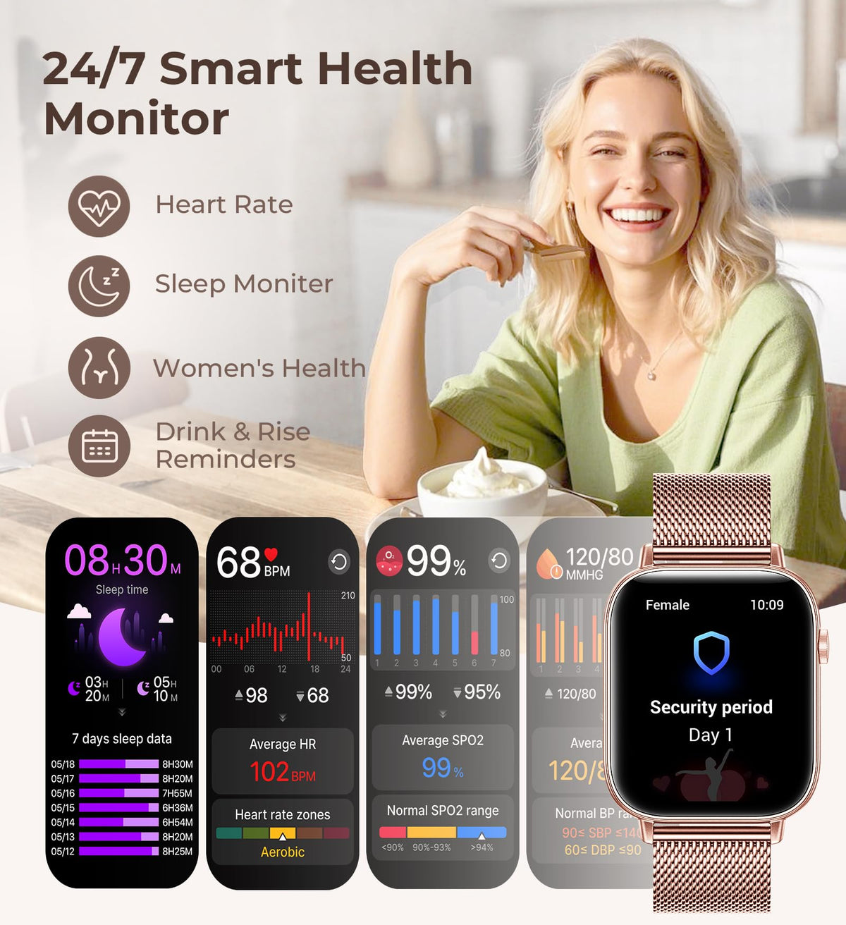 Iaret Smart Watch for Women, 1.83" HD Fitness Tracker with 4 Bands, Answer/Make Calls, Heart Rate/Sleep/SpO2/Step Tracking, 100+ Sport Modes, Android/iPhone Compatible Gift (Rose Gold)