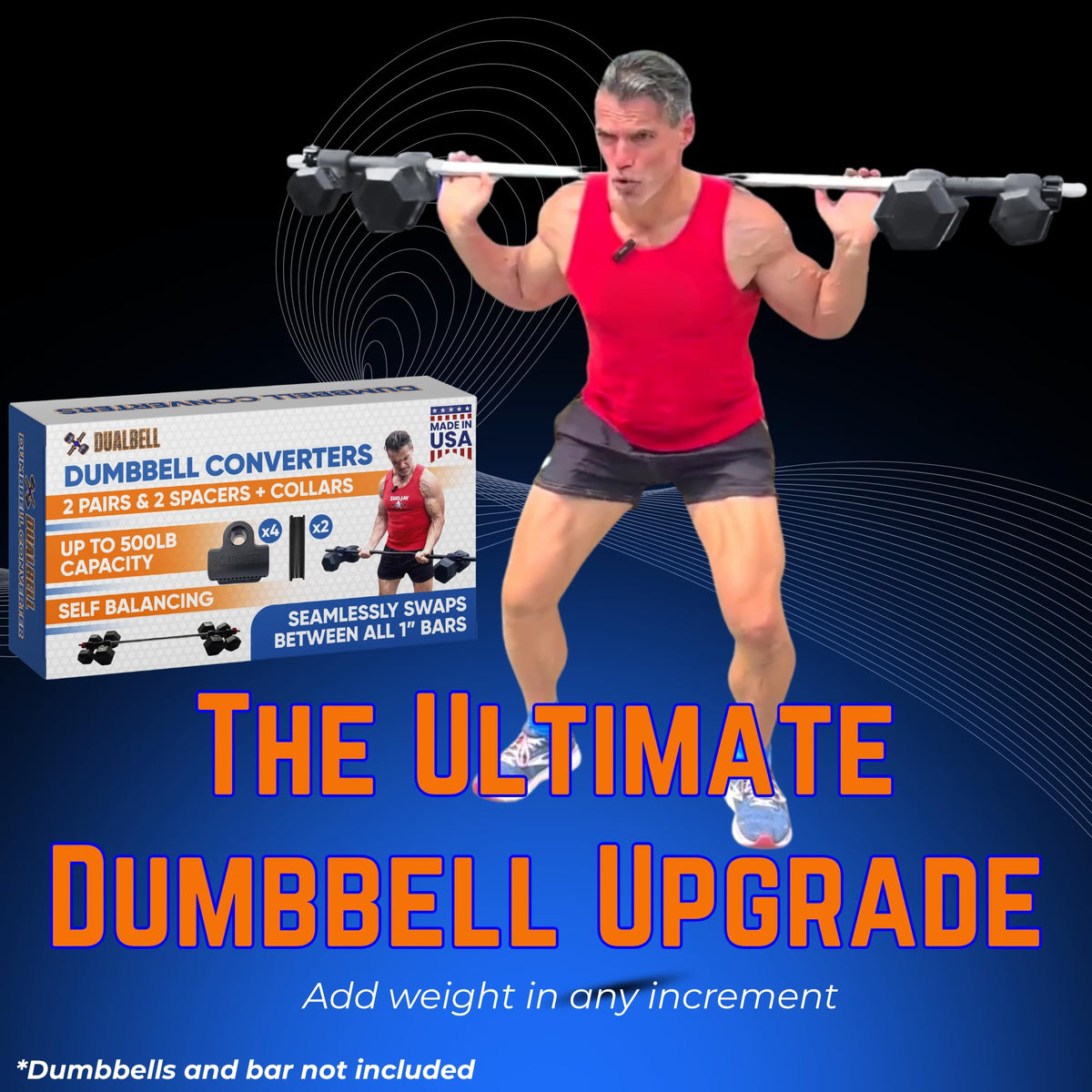 DUALBELL Superset Black w/black weight collars- for 1"bar Dumbbell to Barbell Adapters - Connect dumbbells to a 1" standard diameter bar to use in place of weight plates- 500lbs max capacity