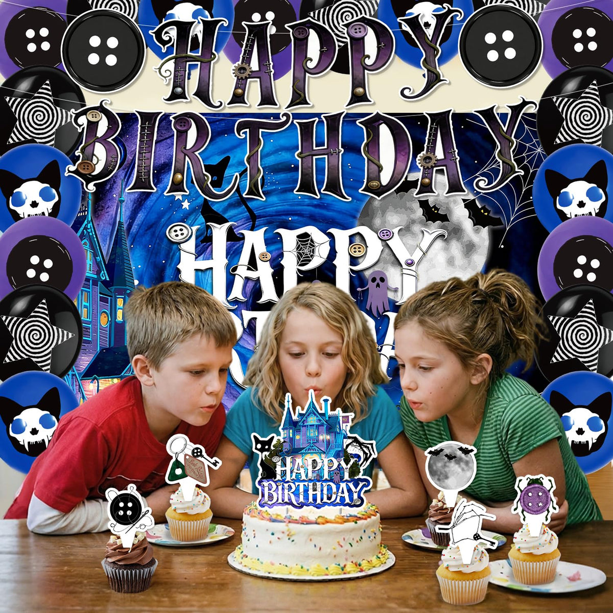 42Pcs Horror Movie Button Eyes Birthday Party Decorations Include Cake Topper Cupcake Toppers Horror Movie Happy Birthday Party Flag Banner and Balloons Backdrog