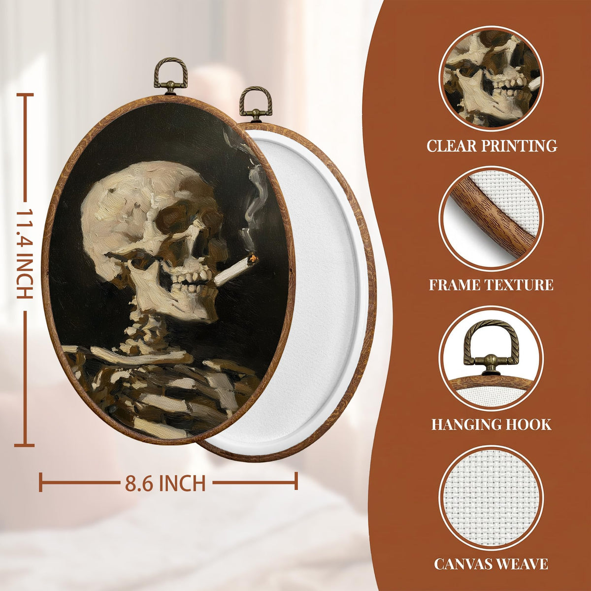 SONMYSULIL Funny Gothic Skeleton Wall Art Decor, Whimsical Goth Oval Wall Hanging Decor, Antique Moody Smoking Skeleton Framed Canvas Prints for Home Bedroom Living Room, 8.6x11.4 Inch