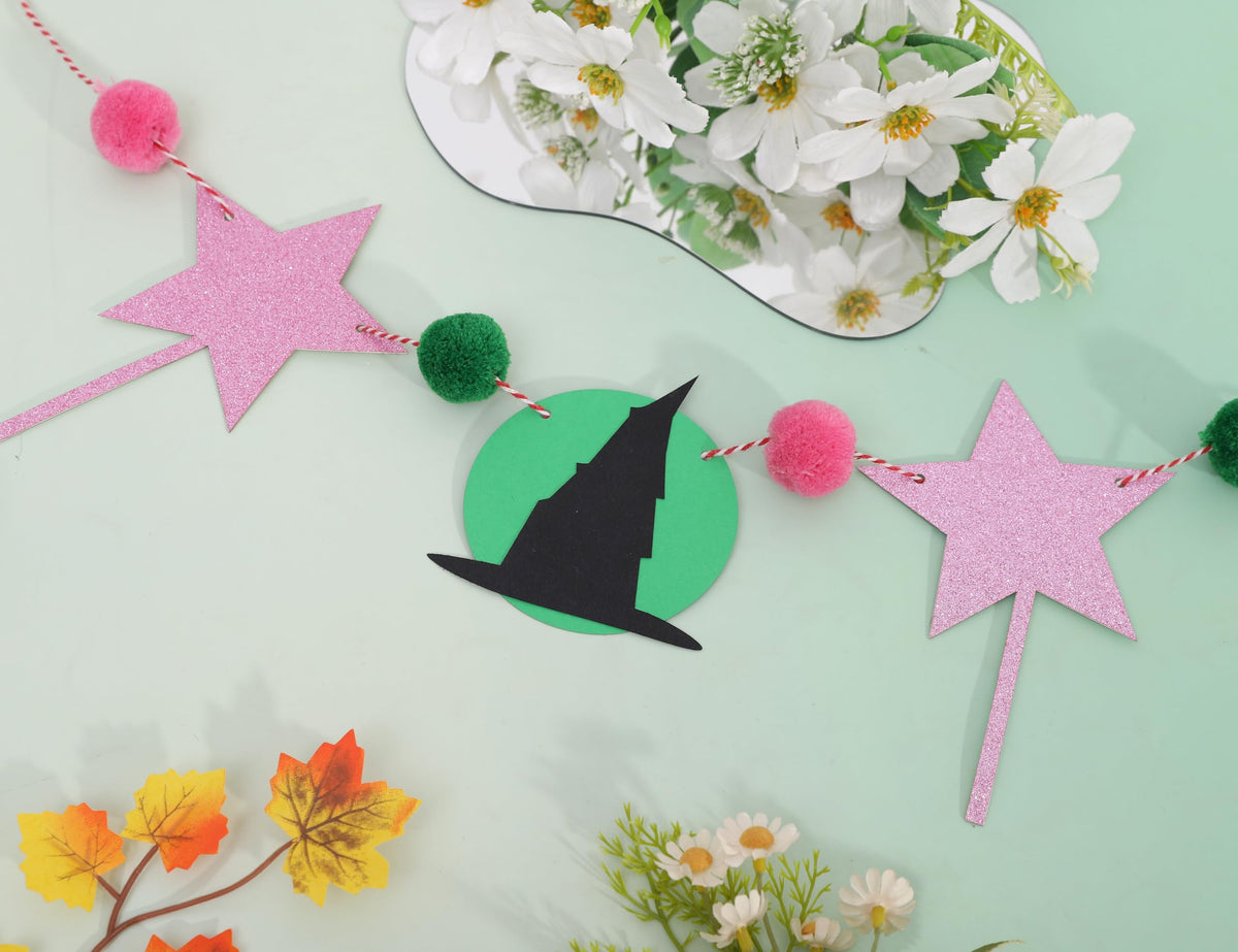 Witch Garland Banner – Pink Fairy Wand and Witch Hat Garland with Pom Poms, Halloween Magic Party Decorations for Girls Birthday, Wizard Theme Decor