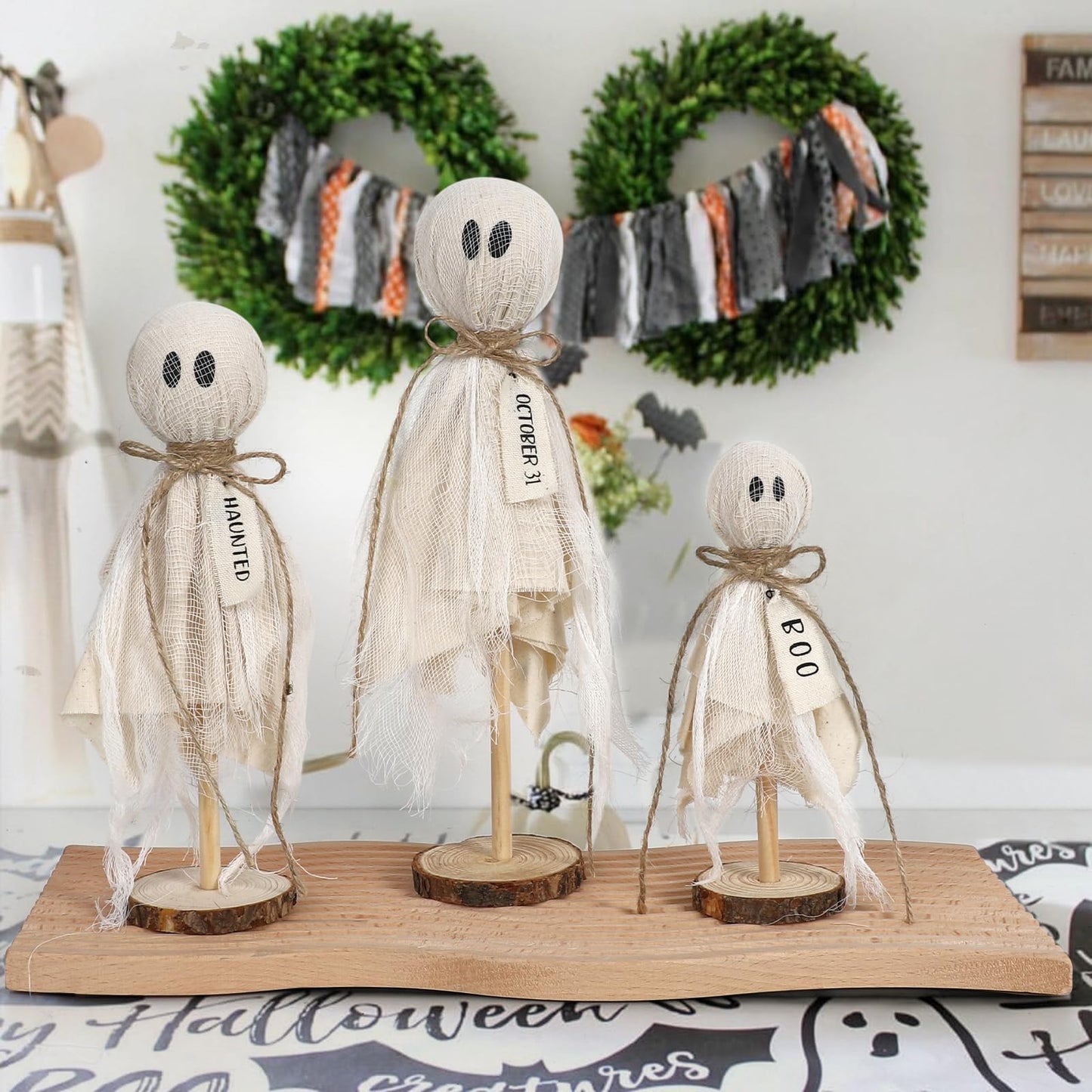 DAZONGE Halloween Decorations Indoor - Set of 3 Primitive Halloween Ghosts on Wooden Stand for Table Centerpieces, Shelves, and Mantels