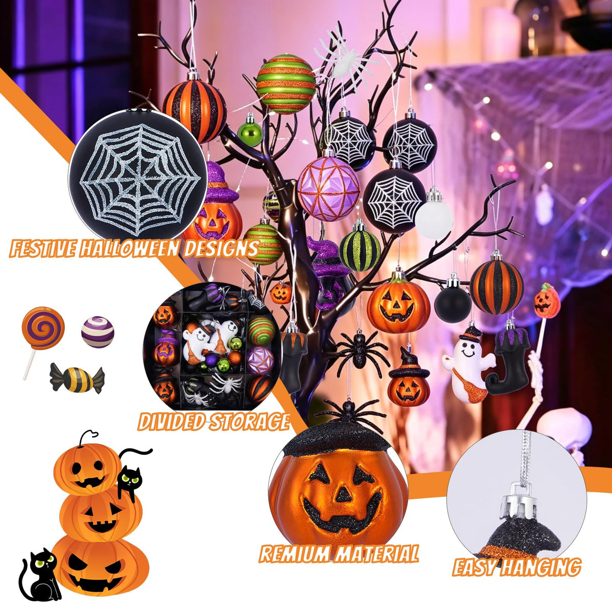 Fashlits Halloween Ball Ornaments Set, Shatterproof Halloween Tree Decorations Cute Pumpkim Ghost Spider Hanging Ornaments for Holiday Party Indoor Home Decor (35Pcs)