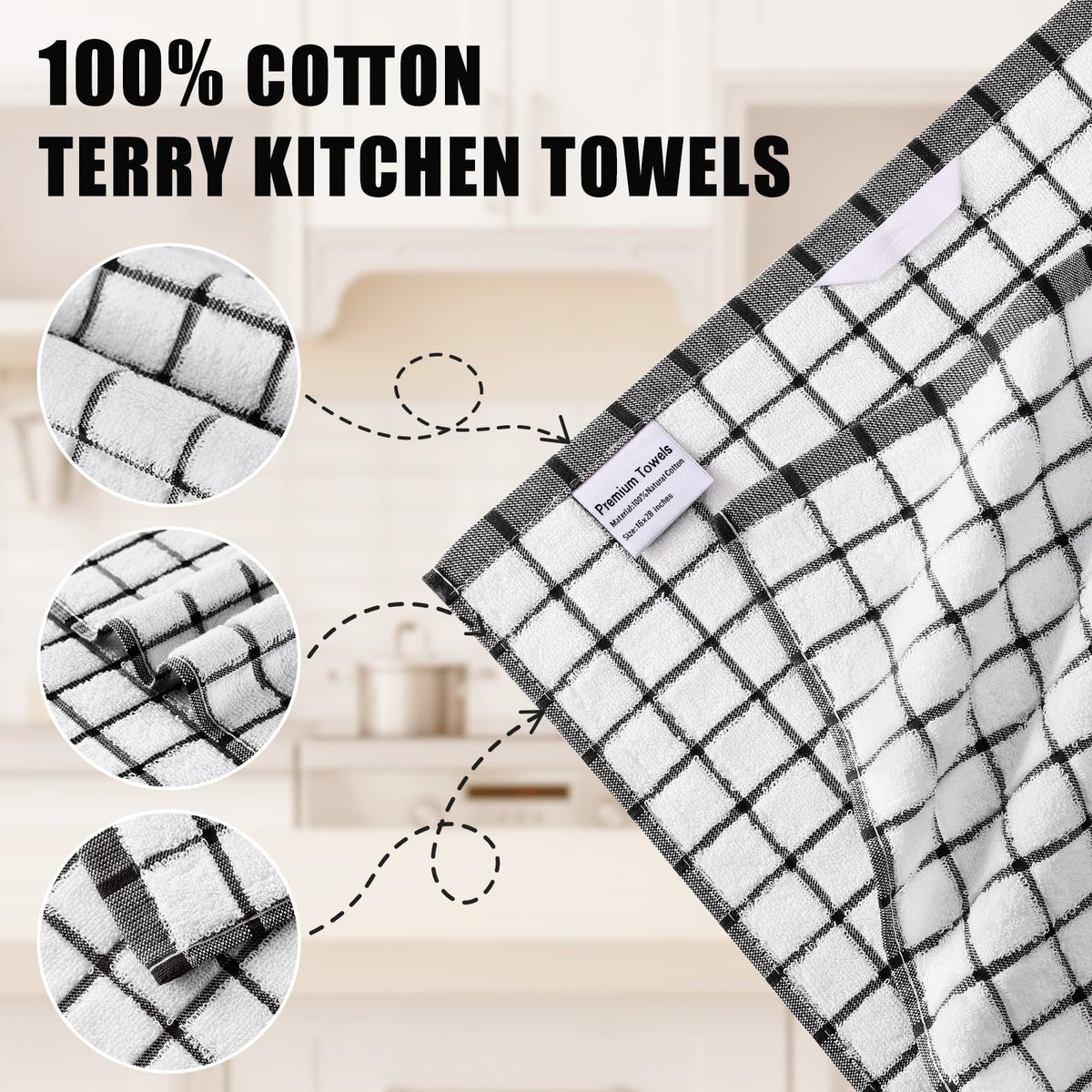 Homaxy Premium Kitchen Towels(16”x 28”, 6 Pack), Large Ring Spun Cotton Dish Towels, Super Absorbent Soft Terry Kitchen Hand Towels, Check Design Tea Towel Set with Hanging Loop, Black