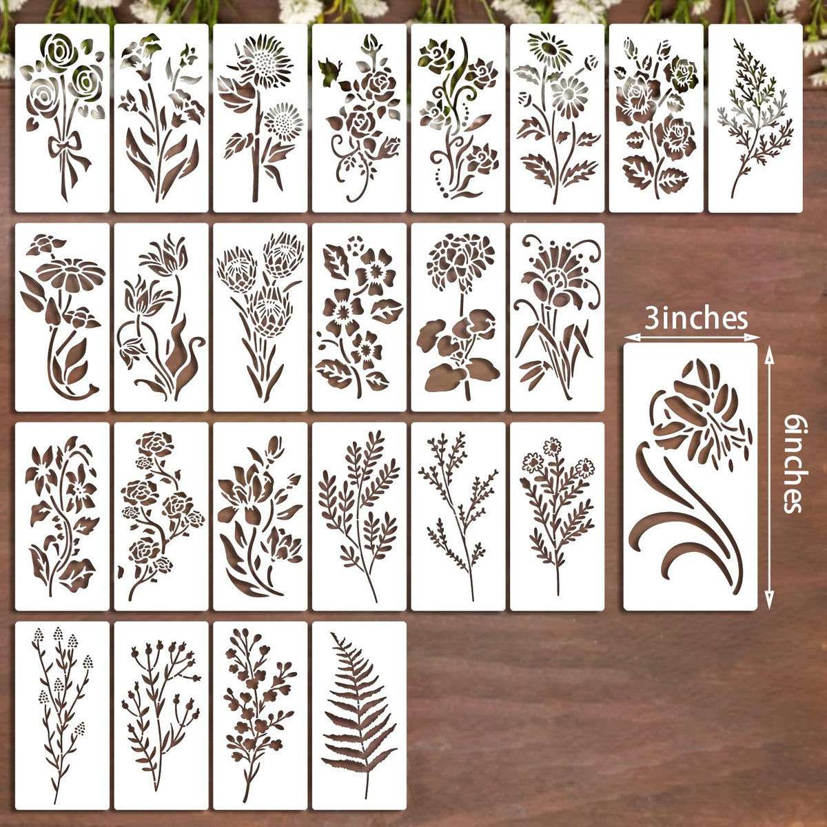 25Pcs Wildflower Stencils Flower Leaf Painting Stencils Botanical Flower Stencils Tiny Vine Leaf Plastic Art Drawing Templates DIY Crafts Plant Stencil for Painting on Wood Wall Door Canvas 3x6inch