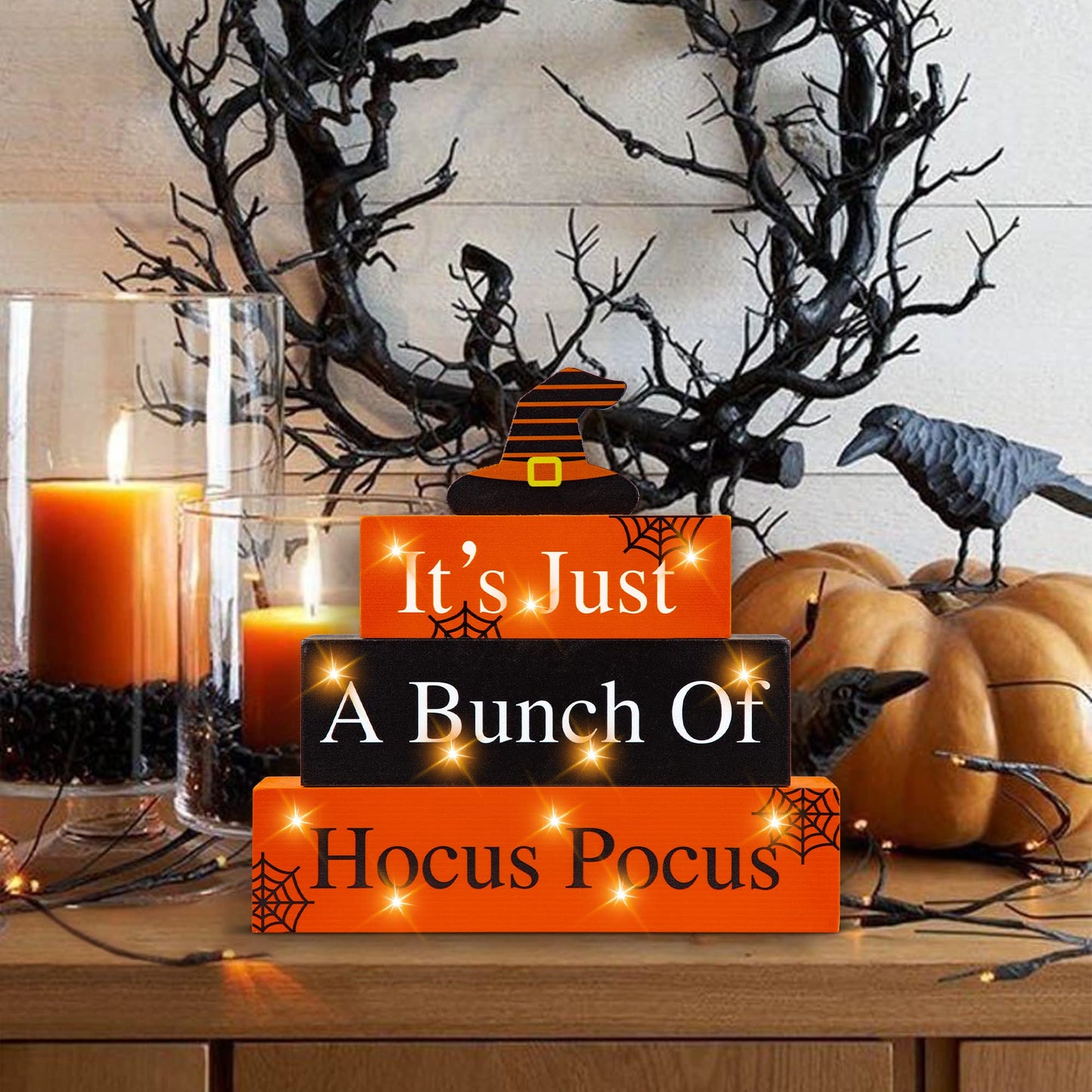 Halloween Wooden Block Sign with Led Lights- Halloween Indoor Decorations Witch Light up Wood Sign Decor for Table Mantle- Halloween Festive Haunted House Farmhouse Home Tabletop Tiered Tray Decor