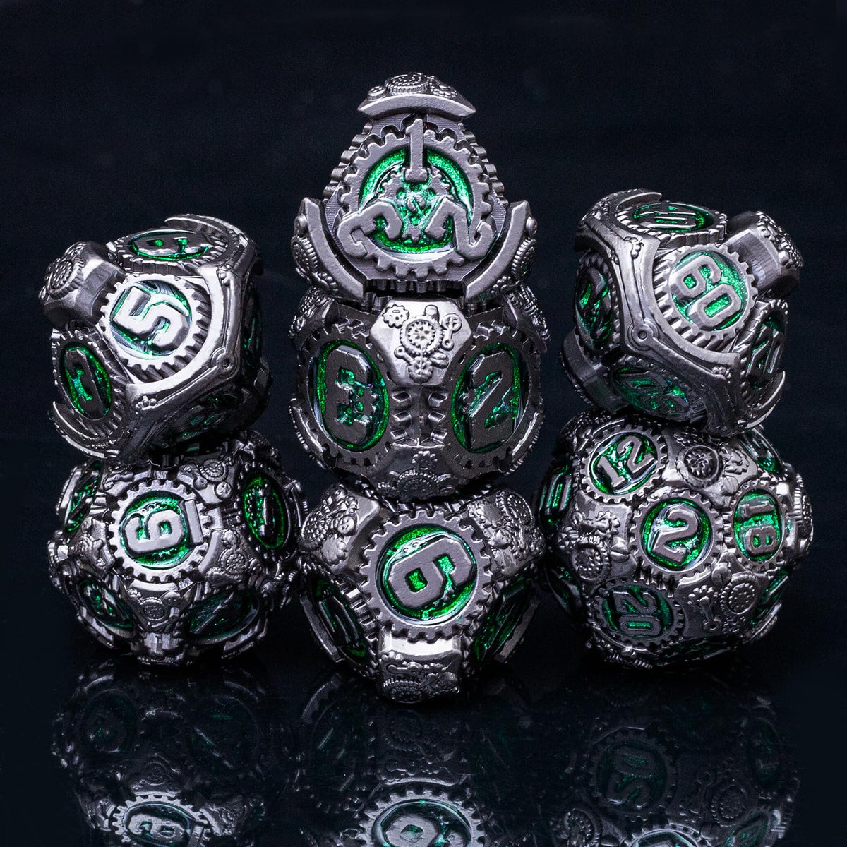 Rolledomain Metal DND Dice Set, Green Steampunk Machinist Gear Heavy Metal Dice Set with Gift Case, Dice Gift for D&D DM and Players, Designed for Dungeons and Dragon, MTG, TTRPG Role Playing Games