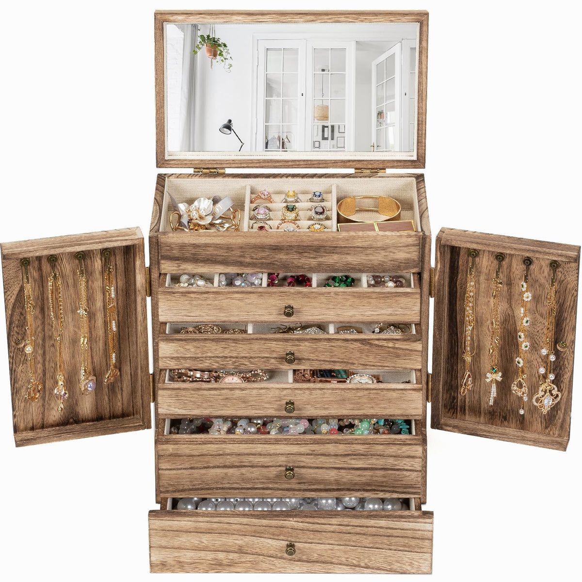 Emfogo Wooden Jewelry Box for Women, 6-Tier Large Jewelry Organizer Boxes with Mirror Rustic Solid Wood jewlery Storage Display for Rings Earrings Necklaces Bracelets watches(Carbonized Black)