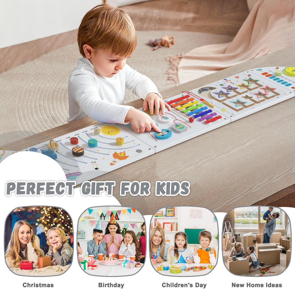 nigwet Rocket Activity Wall Busy Board Panels - Sensory Wall Panel for Kids, Montessori Toddler Wall Activity Board, Wall Toys for Toddlers 3, Activity Cube, Wood Activity Boards, White Grey