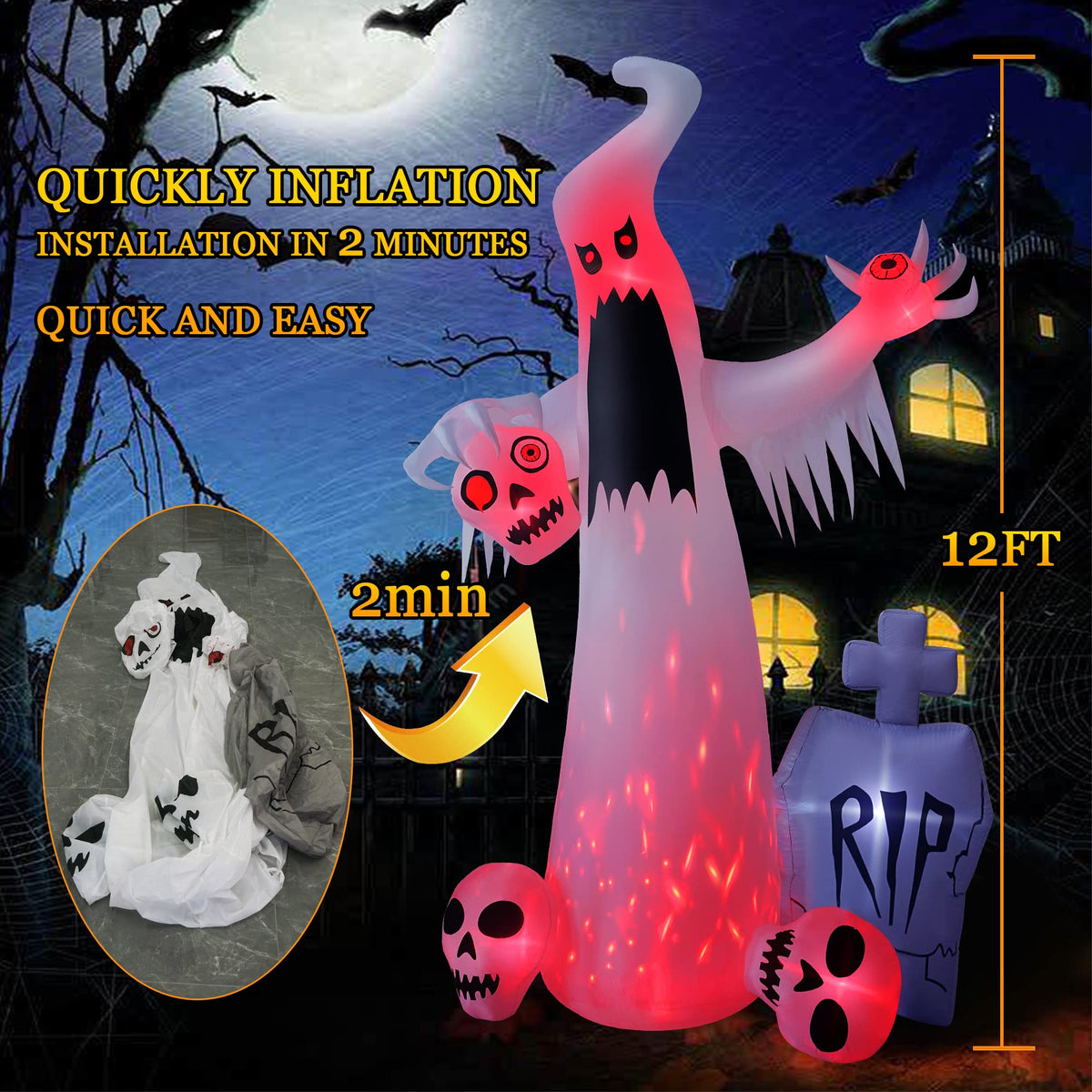 HOPOCO 12 FT Halloween Inflatables Outdoor Halloween Blow Up Yard Decorations Horror White Ghost with 3 Skull Heads Bleeding Eyeball Tombstone Halloween Decorations Clearance for Party Yard Garden