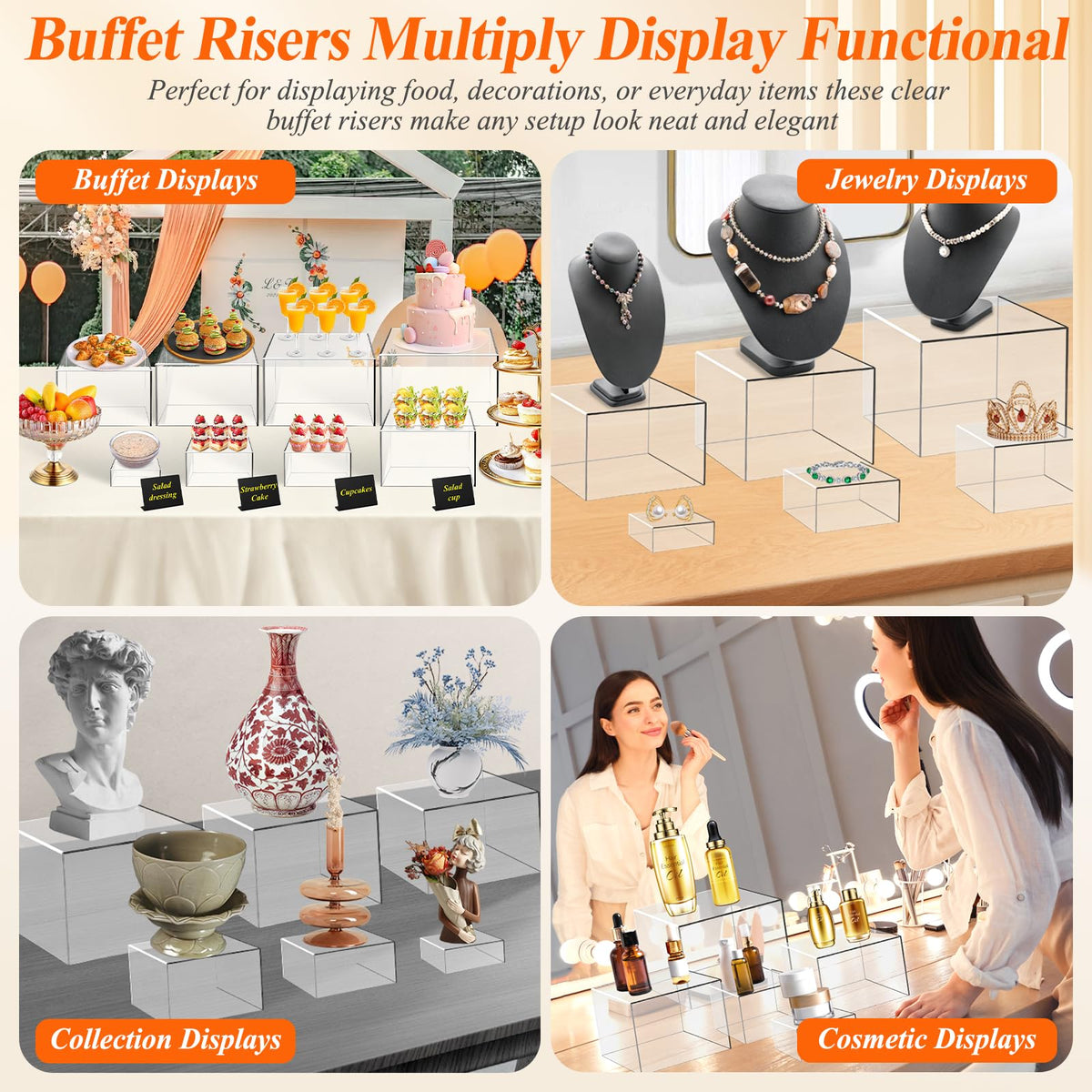 8 Pcs Clear Acrylic Buffet Risers with Mini Sign and Maker,Buffet Risers and Stands Clear Food Display Risers for Buffet Table Party Catering Dessert Cupcake Collectibles (8" 7" 6" 5" 5" 4" 4" 3")