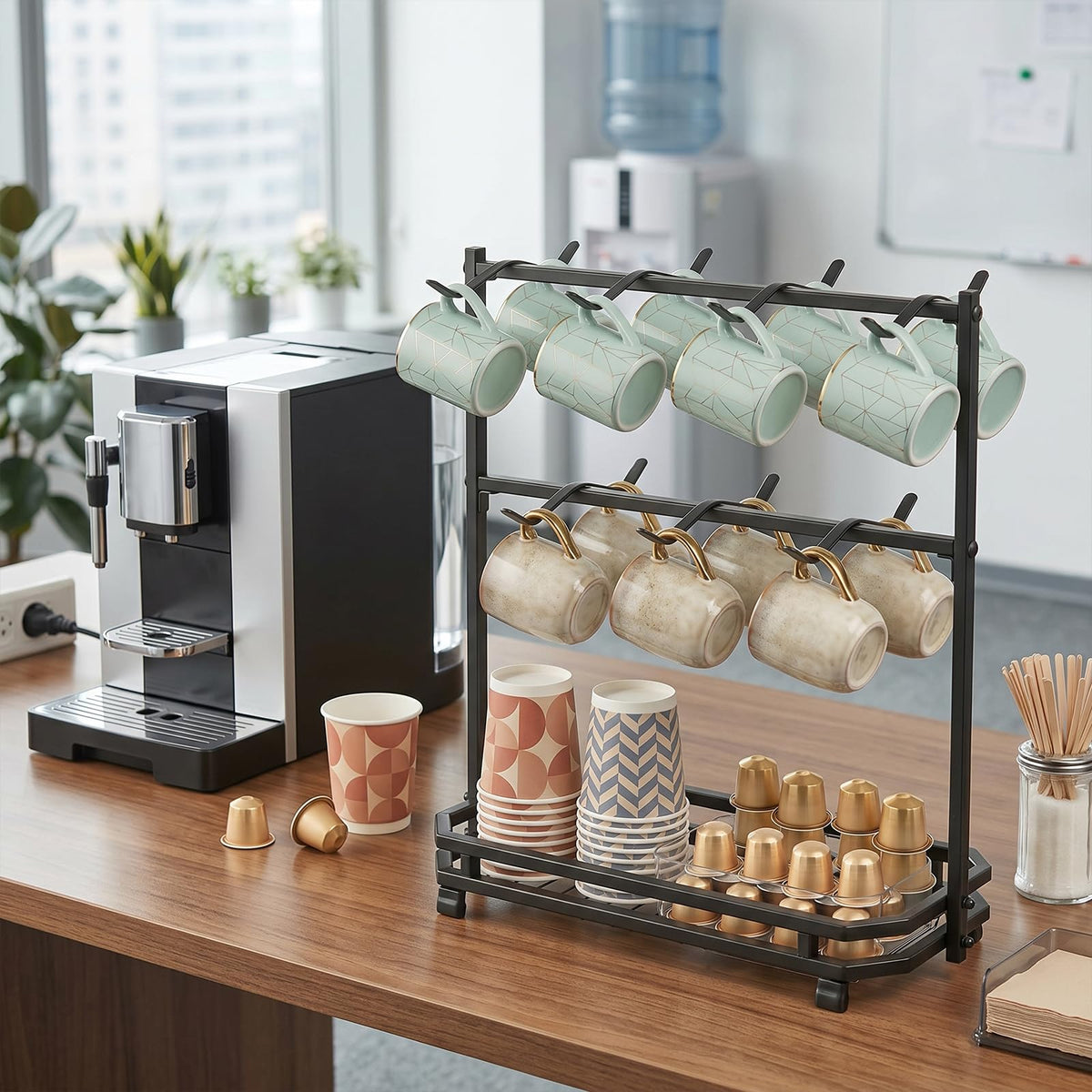 Samhe Coffee Mug Holder for Countertop, Coffee Cup Holder Rack with 14 Hooks, Metal Mug Tree Stand with Storage Base for K Cup Coffee Pod Paper Cups Tea Bag - Black