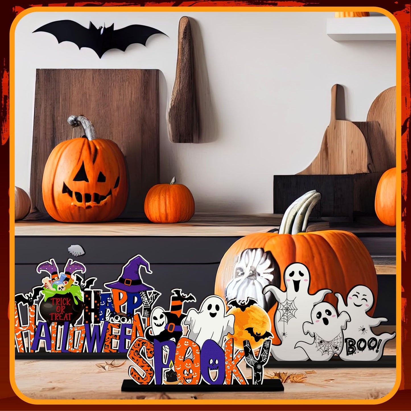 CroBlissful 6 Pcs Halloween Table Centerpiece Decorations Trick or Treat Pumpkin Ghost Wood Centerpiece Happy Halloween Boo Spooky Wooden Signs Table Decor for Living Room Office Kitchen Party Decor