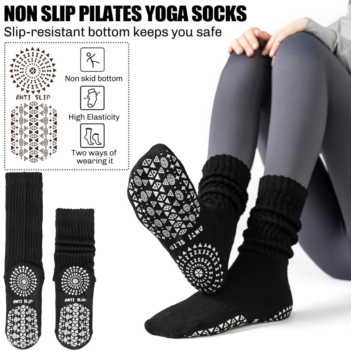 Sandsuced Pilates Grip Slouchy Yoga Socks Winter Warm Cozy Scrunch Boot Grippy Crew Slipper Socks 4 Pairs for Women Gift Stocking Stuffers(Black,M)