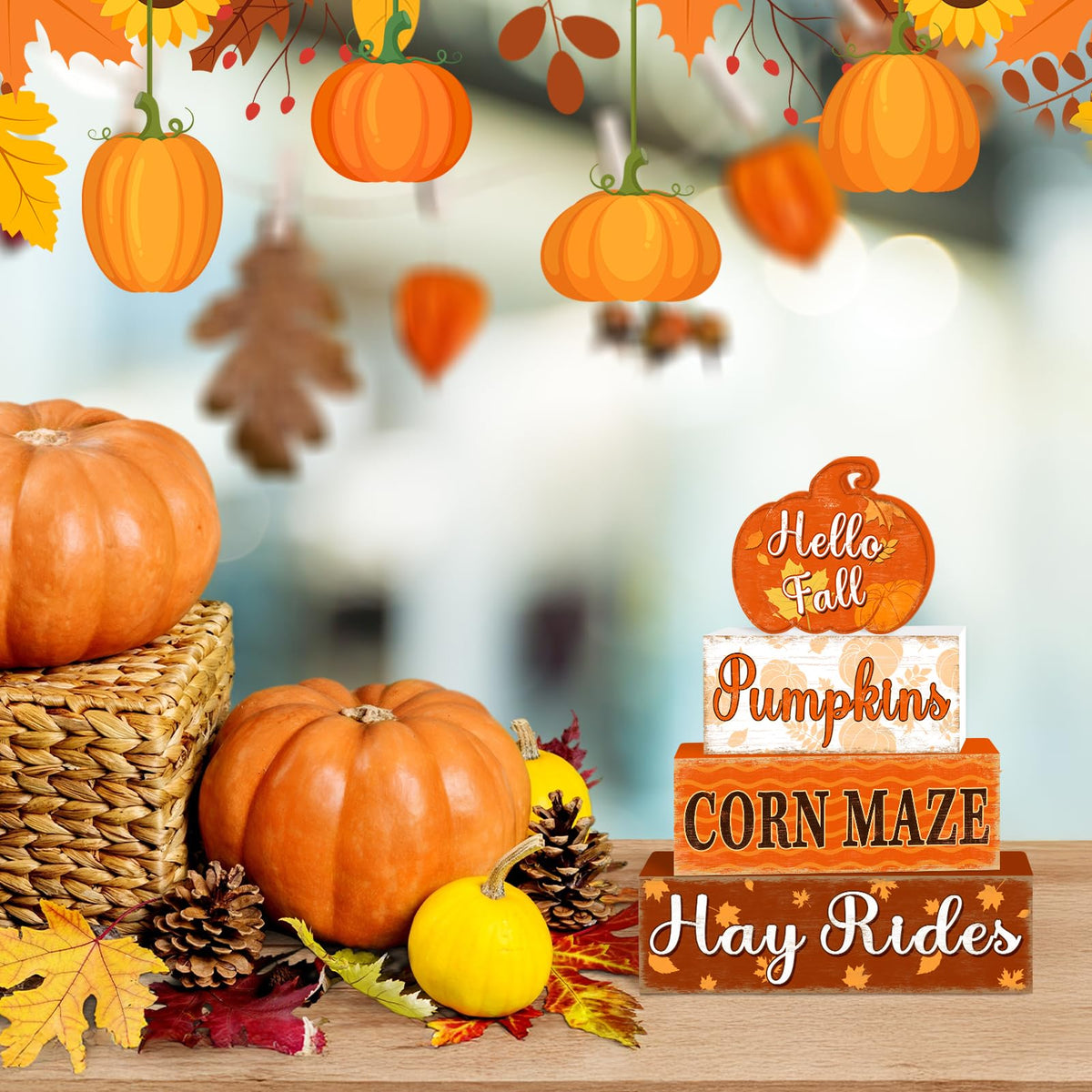 4 Pcs Fall Decorations for Home Thanksgiving Pumpkin Tiered Tray Decor, Fall Table Decor Farmhouse Rustic Wooden Pumpkin Block Sign Autumn Harvest Tabletop Centerpieces for Home Kitchen Indoor