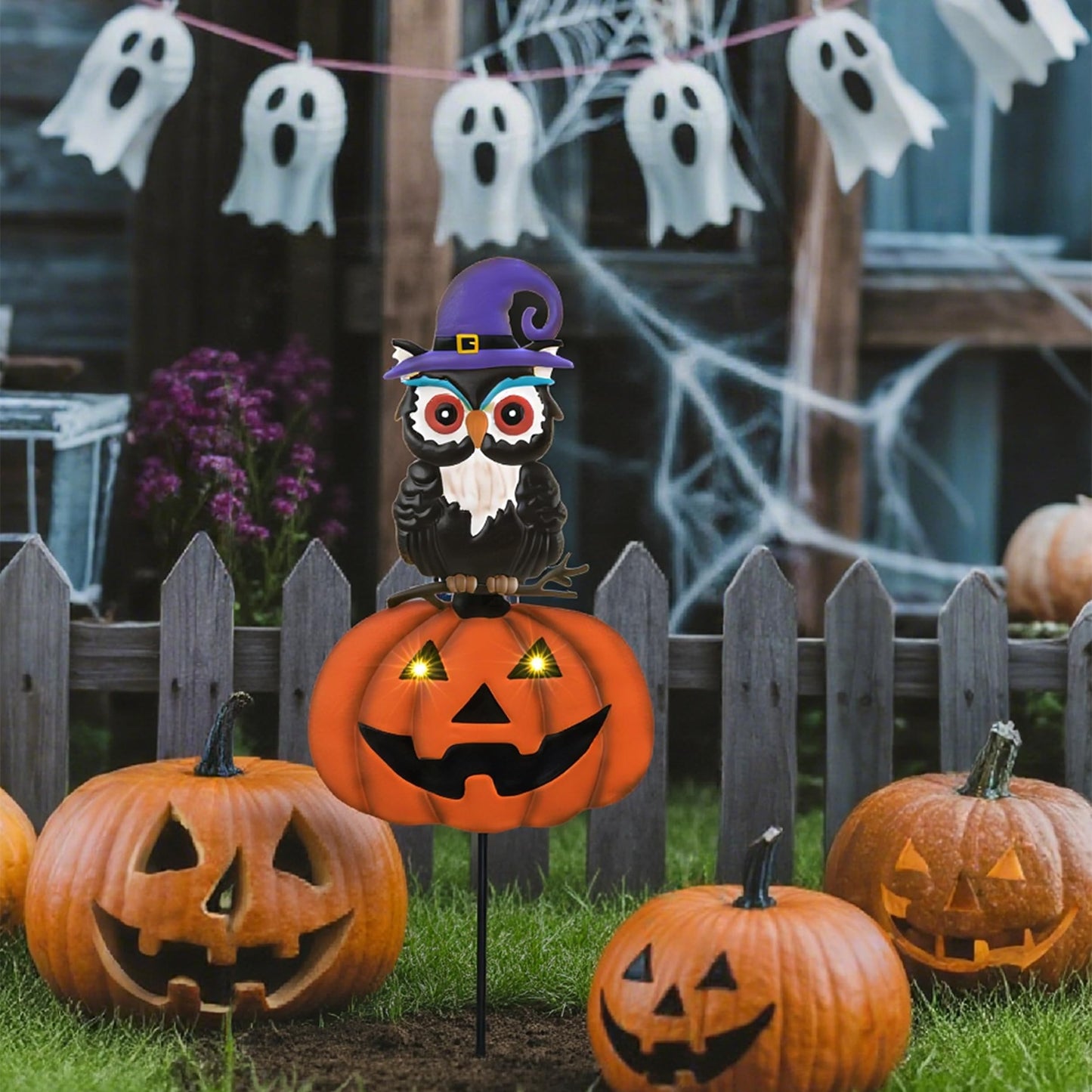 TERESA'S COLLECTIONS Metal Halloween Yard Stakes Decorations for Outdoor, Solar Jack-o-Lantern Pumpkins Garden Stakes for Halloween Party Decor, Purple Yard Sign for Lawn Patio, 26"