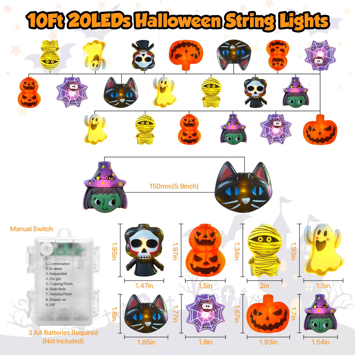 LUTW Halloween Lights Decorations, 10Ft 20 LED Halloween Lights Battery Operated with Timer Waterproof, 8 Lighting Modes, Cute Halloween's String Light for Indoor Outdoor Window Porch Decor