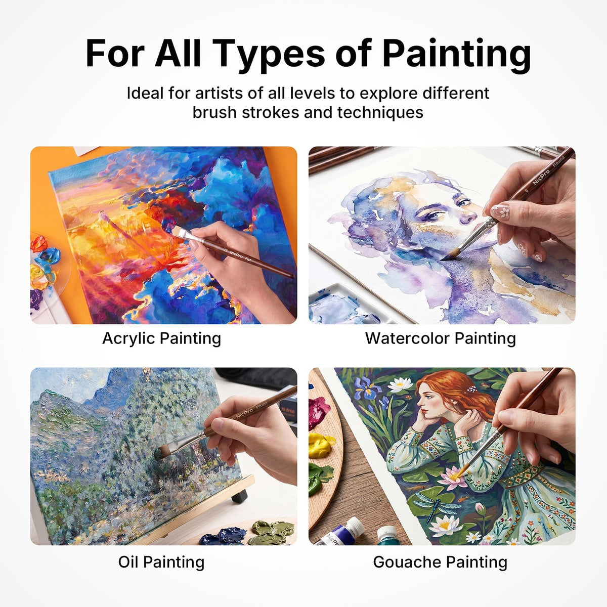 Nicpro 30pcs Paint Brush Set, Professional Paintbrushes with Paint Spatula and Cloth Roll, Craft Paint Brushes for Acrylic Painting, Oil, Watercolor, Gouache, Art Supplies for Artists and Beginners
