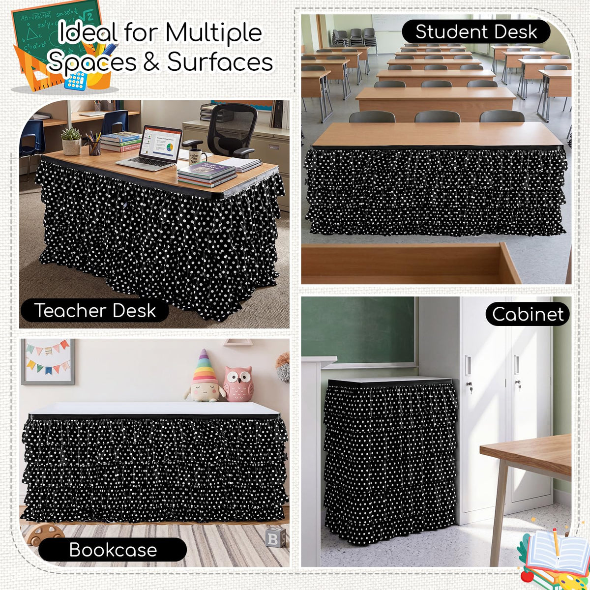 Panelee 6ft Black and White Polka Dot Table Skirt, Tutu Ruffled Teacher Desk Skirt, Back to School Table Cover for Kindergarten Preschool Middle School Classroom Office Bookcase Cabinet Decor