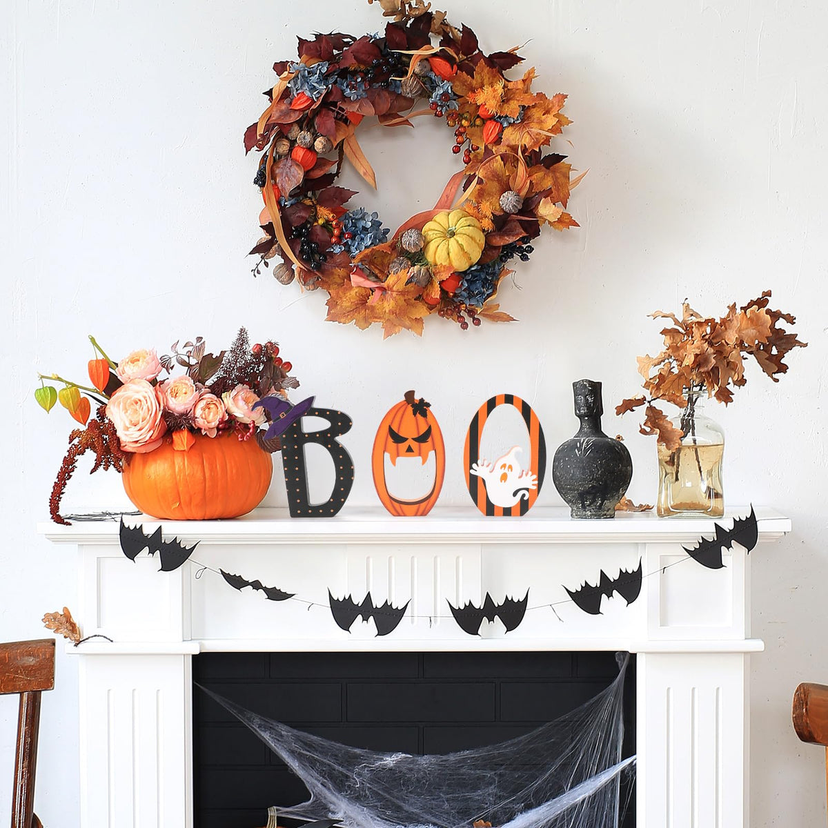 COCHIE BOO Signs Halloween Table Decorations Indoor, Retro Halloween Black Orange Tiered Tray Decor Set of 3, Wooden Happy BOO Day Decoration Sign for Party Home Shelf Display (Ghost)