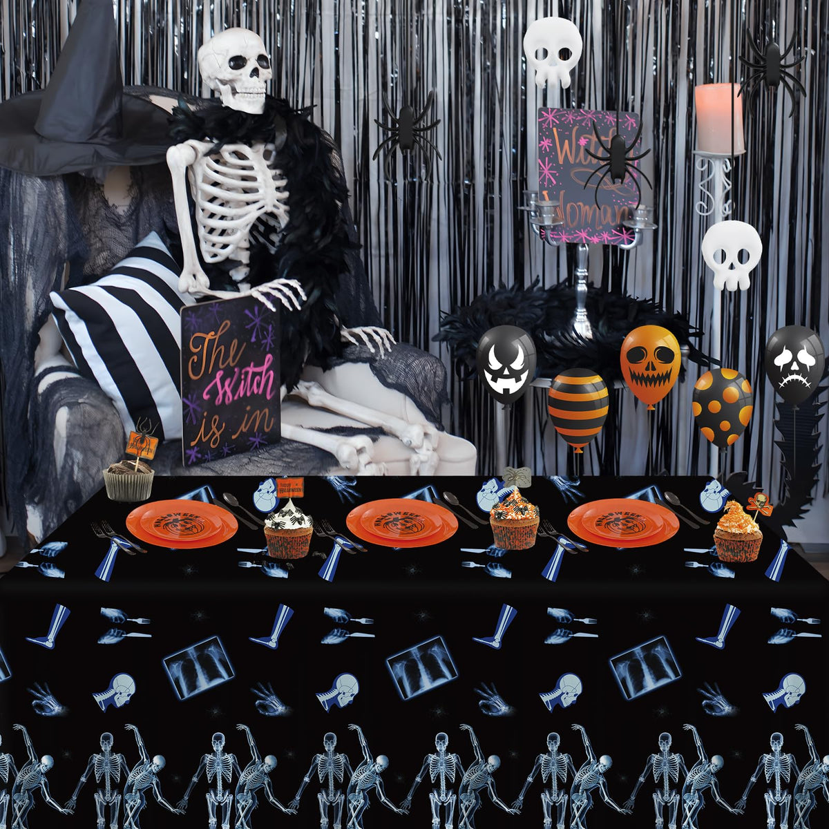 3 Pack Radiology X Ray Theme Disposable Tablecloths Halloween Funny Dancing Skeleton Table Cover Plastic Waterproof Table Cloth for Medical Party Radiology Doctor Birthday Graduation, 54 x 108 Inch