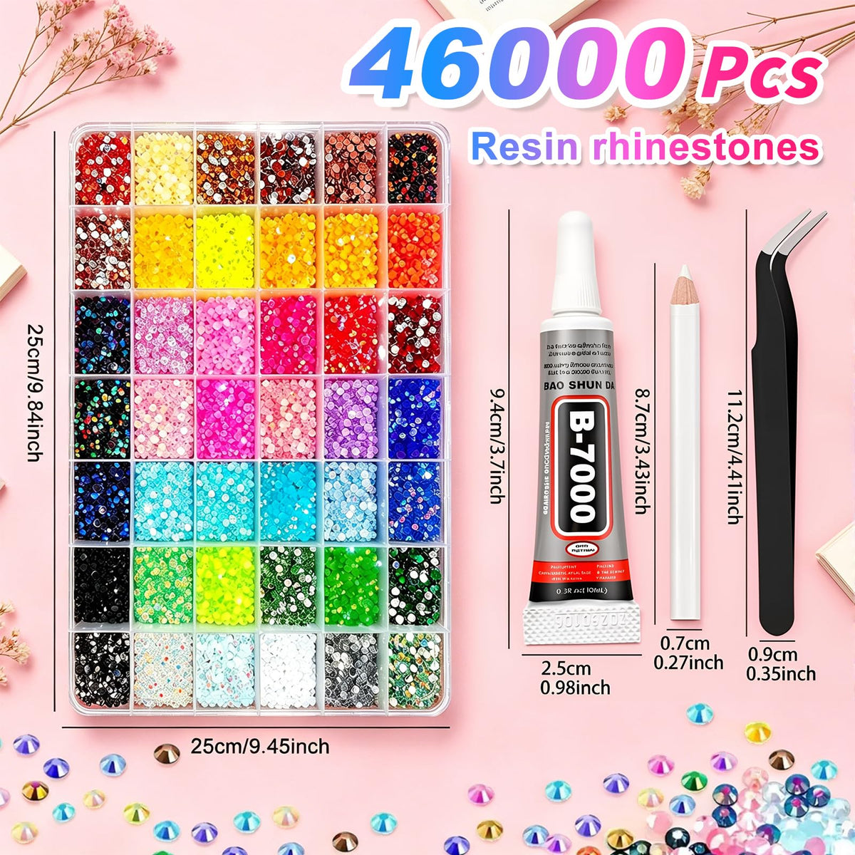 Bedazzler Kit with Rhinestones - 46000Pcs Resin Jelly Rhinestones 3mm Flatback Gems with 3Pcs B7000 Jewelry Glue, Tweezers & Pickup Pen for Nail Art, Diamond Art, DIY Crafts, Clothes, Shoes & Makeup