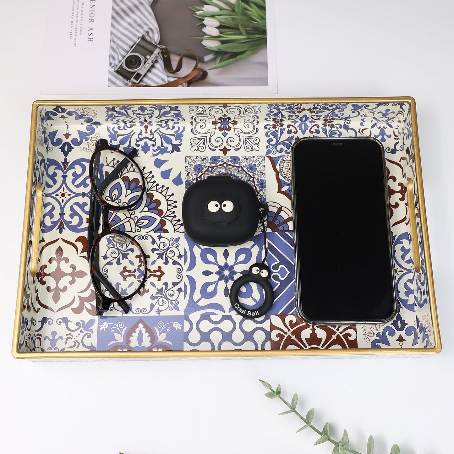 Spsyrine Bathroom Vanity Tray with Handles for Dresser Tops, Countertop, Perfume Decorative Tray, 11.8” * 7.87” *1.37” C1