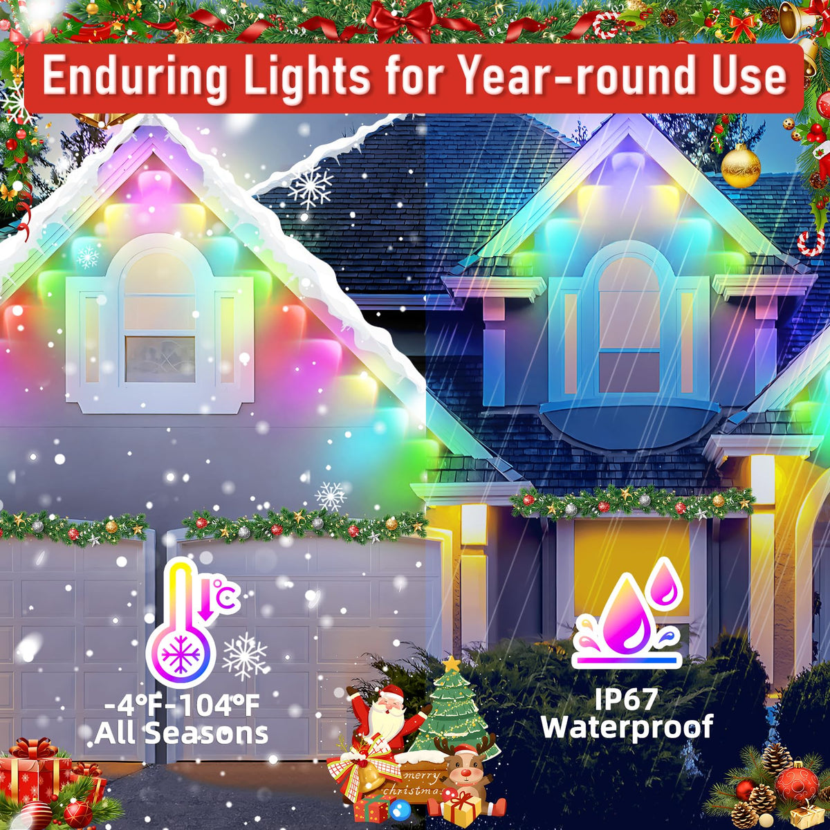 MUCCCUTE Permanent Outdoor Lights for Easter150ft RGB + IC Eaves Lights with App & Remote Control, Outdoor String LED IP67 Waterproof for Holidays New Year July 4th Roof Eaves House Garden Decor