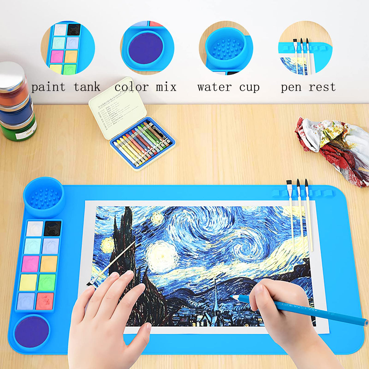 2 Pack Silicone Art Mat with Cup, KJMYYXGS Silicone Painting Mat with Cup, 19.7"x11" Silicone Craft Mat with Cup and Paint Holder Silicone Artist Mat Kids (Pink and Blue)