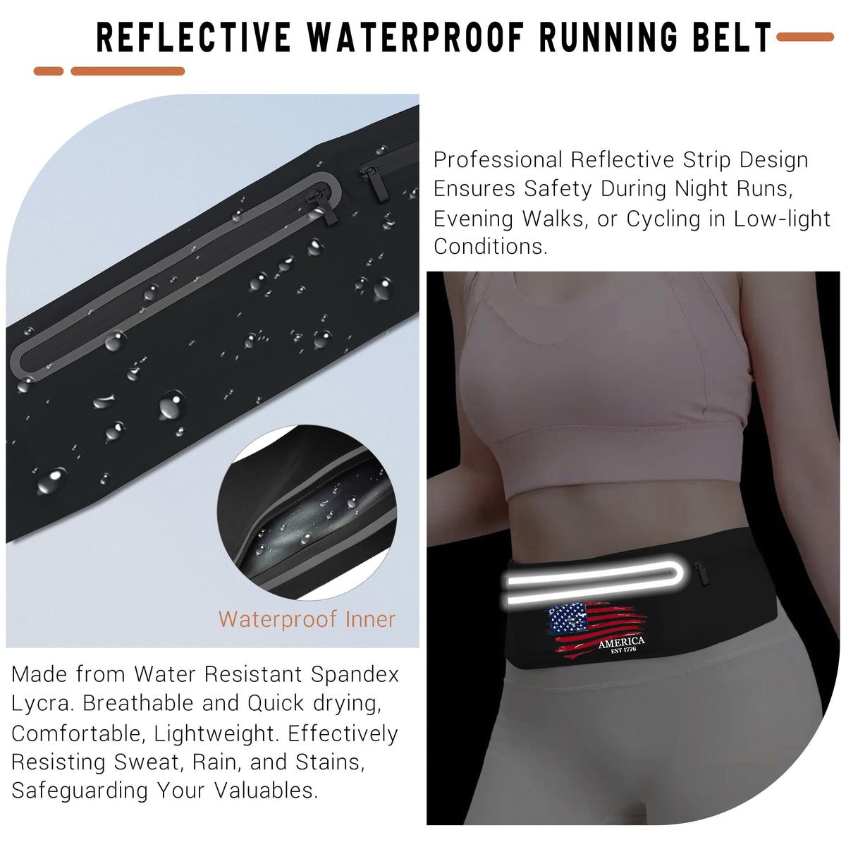 American Flag Slim Running Belt Waist Pack Bag,Black Jogging Fanny Packs for women Moisture Wicking Sports Belt Bag Adjustable,Lightweight Reflective Workout Pouch Phone Holder for Men USA Flag 1776