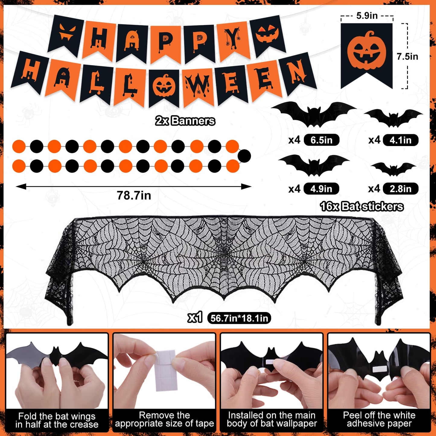 Halloween Party Decorations, 29Pcs Halloween Indoor Decorations Kit with Mantel Scarf Creepy Cloth Fabric Hanging Ghost Happy Halloweens Banner 3D Bat Stickers for Home Fireplace Wall Decor