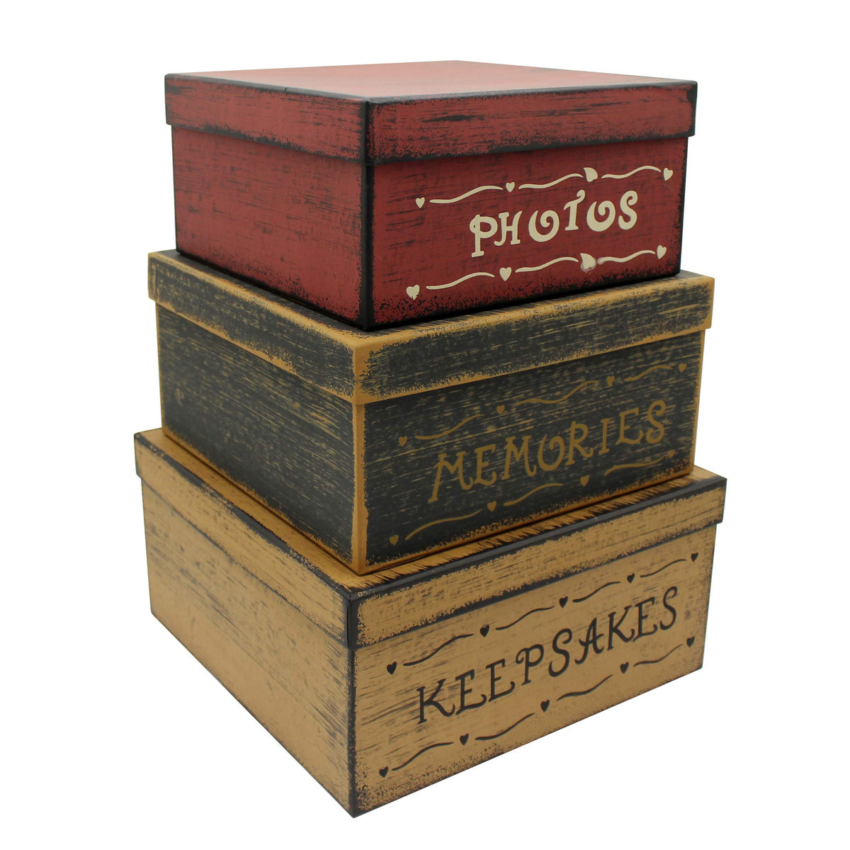 CVHOMEDECO. Primitive Vintage Square Photos, Memories, Keepsakes Cardboard Nesting Boxes, Large 11 X 11 X 5-1/2 Inch. Set of 3.