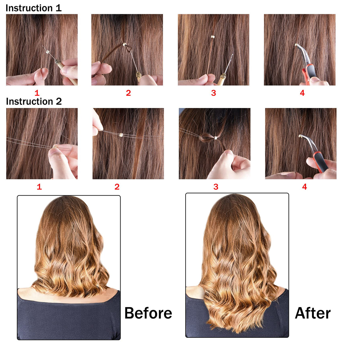 Duufin Hair Extensions Kit 500 Pcs Black Micro Ring Beads 1 Hair Extension Plier 2 Hook Needle Pulling Loop 4 Plastic Alligator Hair Clips 1 Comb and 2 Bags Black Mini Rubber Hair Elastic