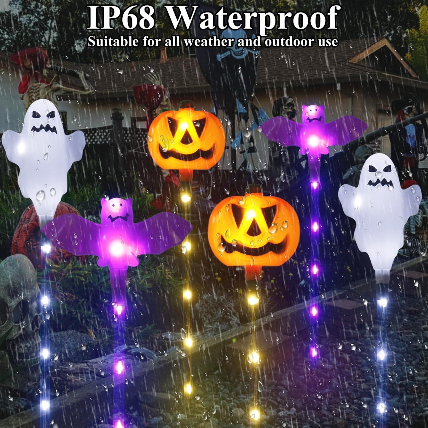Halloween Decorations Outdoor Solar Pumpkin Bat Ghost Garden Stake Lights, 6-Pack 8 Modes Solar Halloween Lights Waterproof for Outside Home Patio Yard Pathway Grave Lawn Porch Party Decor