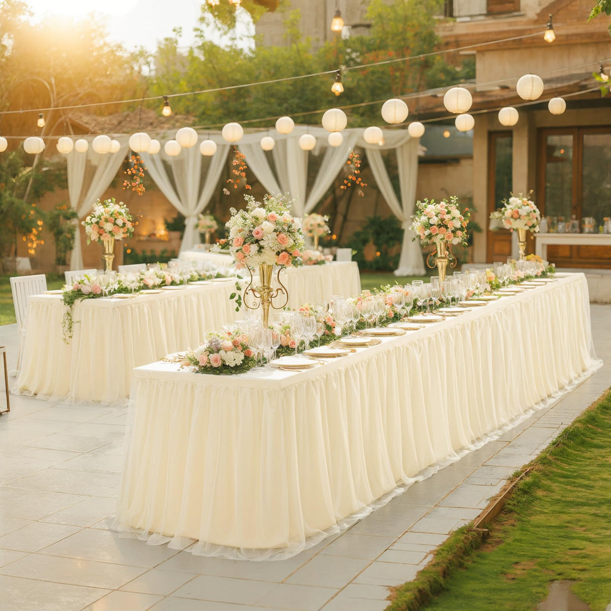 6ft Champagne Tulle Tablecloths for Rectangle Tables Stretch Rectangular Table Cloths Wrinkle Free 6 Foot Spandex Table Cover with Tutu Skirt for Wedding Birthday Party Banquet Buffet Cake Desk Skirt
