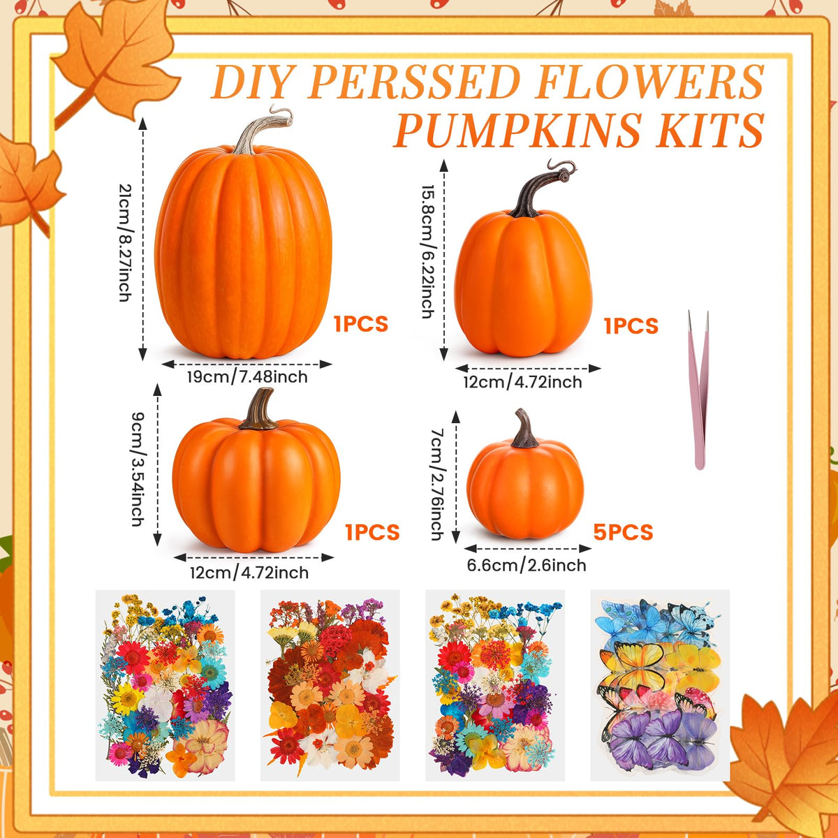 Canlierr 8 Pcs Artificial Pumpkins Fall Decor with 150 Pcs Dried Flower Butterfly Stickers & 1 Handy Tweezer DIY Craft Pumpkin for Thanksgiving Table Centerpiece Mantel Shelf (Orange)