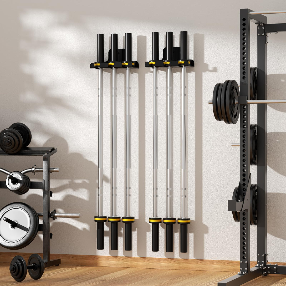 JNIHEEP Barbell Holder,Garage Gym Bar Wall Rack with 3 Bar Holders for Hanging Olympic Barbells, Curl Bars, Chains,Resistance Band,and ect,Holds Under 33mm Bar Size(Black)