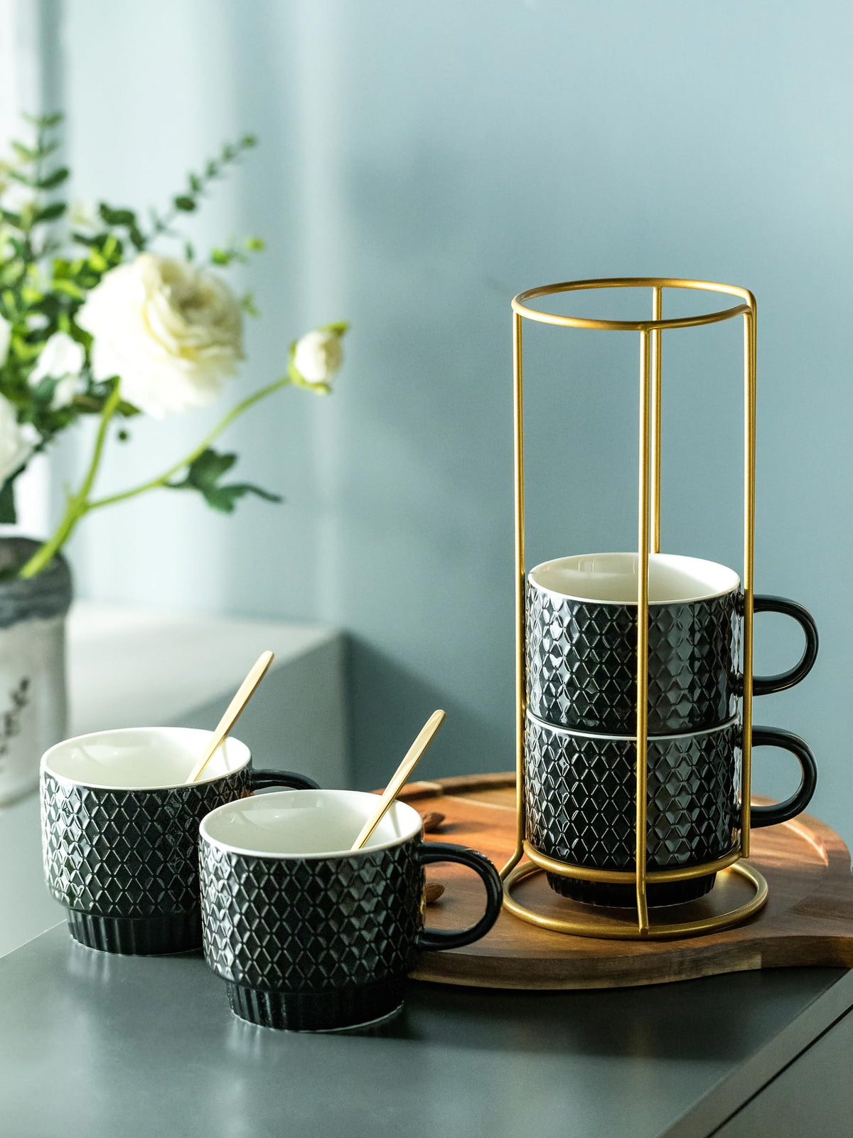 LYEOBOH Stackable Coffee Mugs Set of 4 with Rack & Spoons Coffee Mug Set 13 OZ., Ceramic Embossed Grinding Demitasse Cups Set Cappuccino Cup Halloween for Coffee, Latte, Macchiato, Espresso, Black