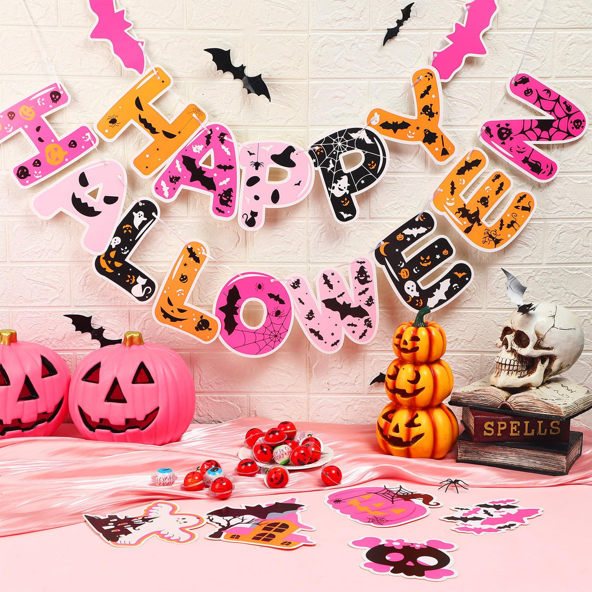 Halloween Spooky Girls Night Decorations Hot Pink Happy Halloween Banner with Hanging Swirls Cute Spider Web Pumpkin Bats Ghost Hanging Swirls Pink Party Decorations for Birthday Bachelorette Party