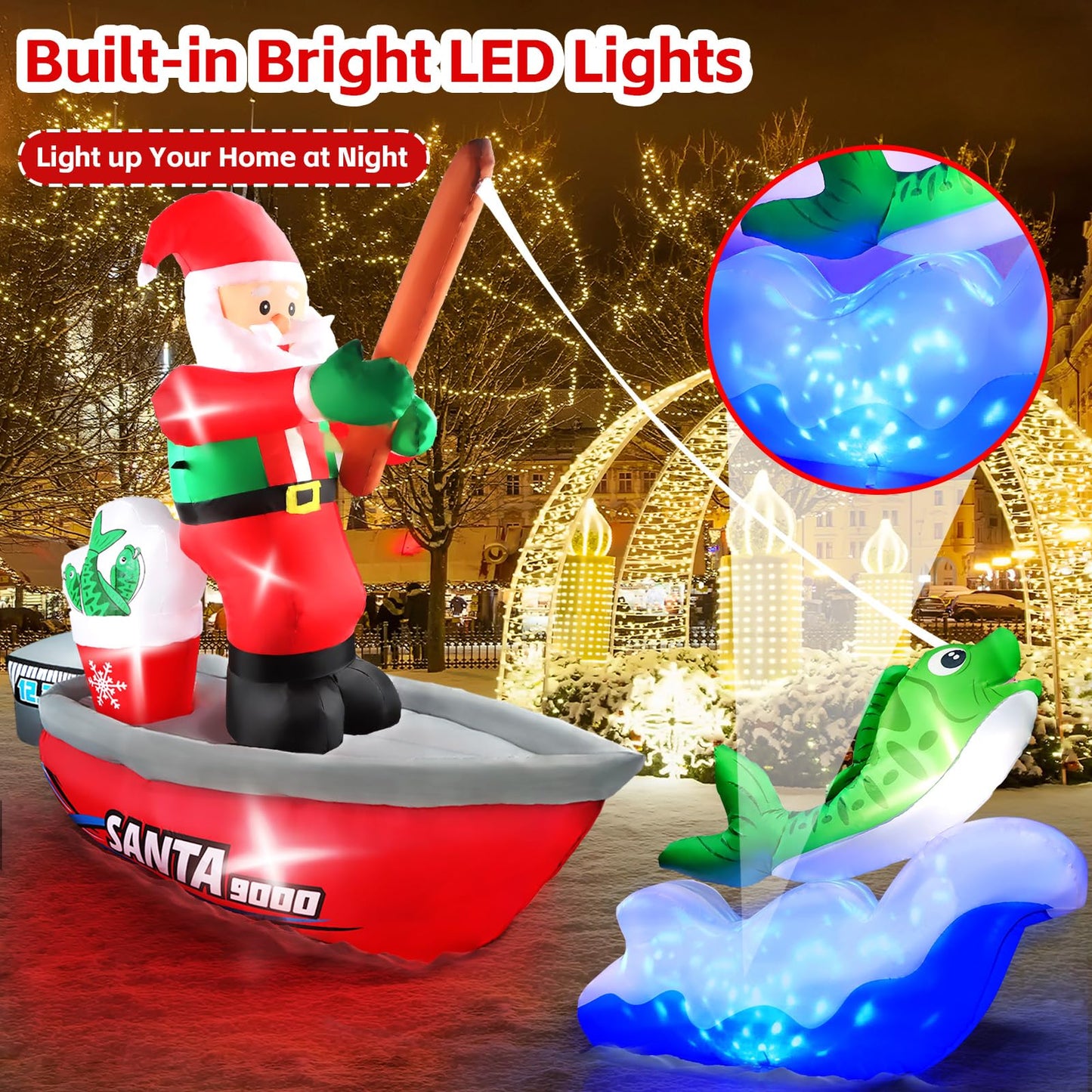 Kalolary 15FT Long Christmas Inflatables Fishing Santa Claus, Santa Inflatables Blow Up Yard Outdoor Decorations with Built-in Rotating Blue LED Lights for Xmas Party Yard Garden Lawn Indoor Decors