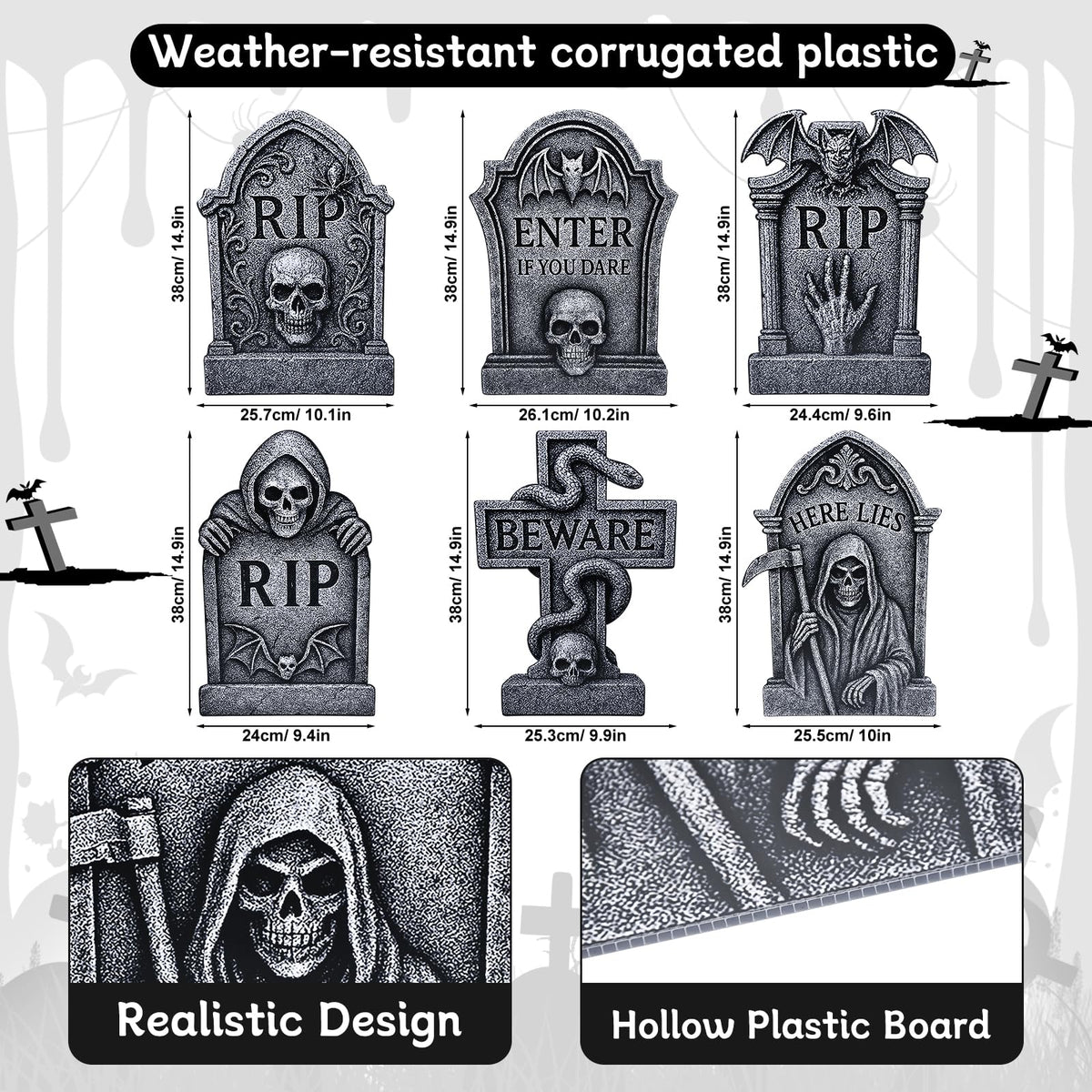 6 Pack Halloween Yard Signs Tombstone Set – 15 x 10 Inch Large Plastic Graveyard Decorations with Stakes, RIP Skull and Skeleton Tombstones for Lawn, Outdoor Haunted House and Party Decor