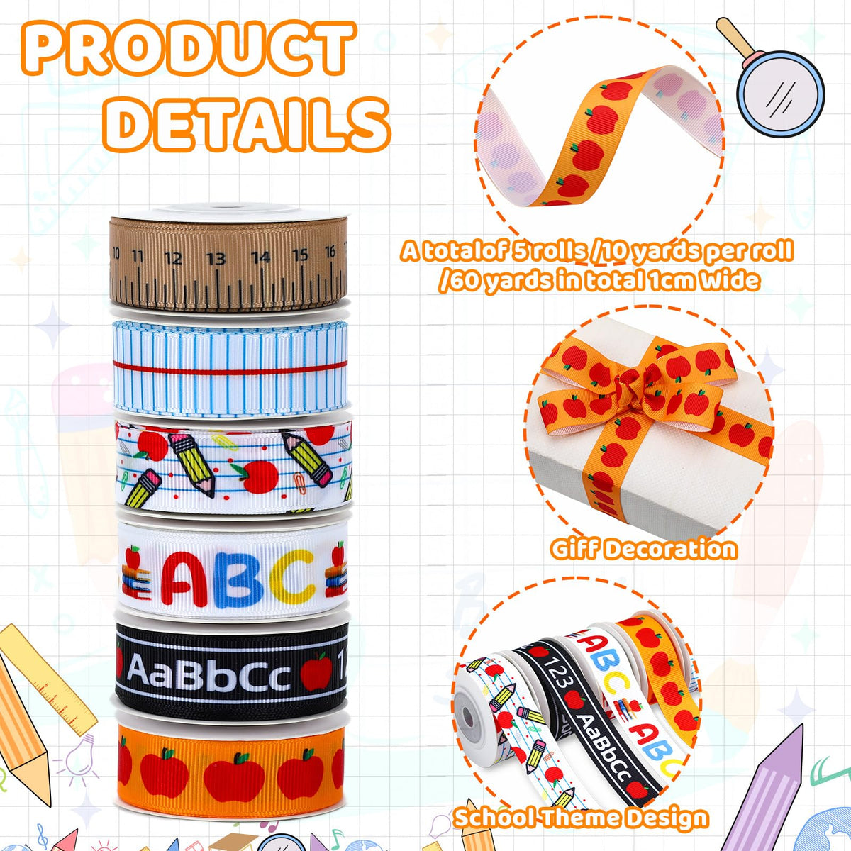 DECYOOL 6 Rolls Back to School Ribbon 36 Yards Teacher Appreciation Gift Wrapping Ribbon 7/8 inch Wide ABC Pencil Apples Ruler Craft Ribbon for Classroom Decorations DIY Project Supplies